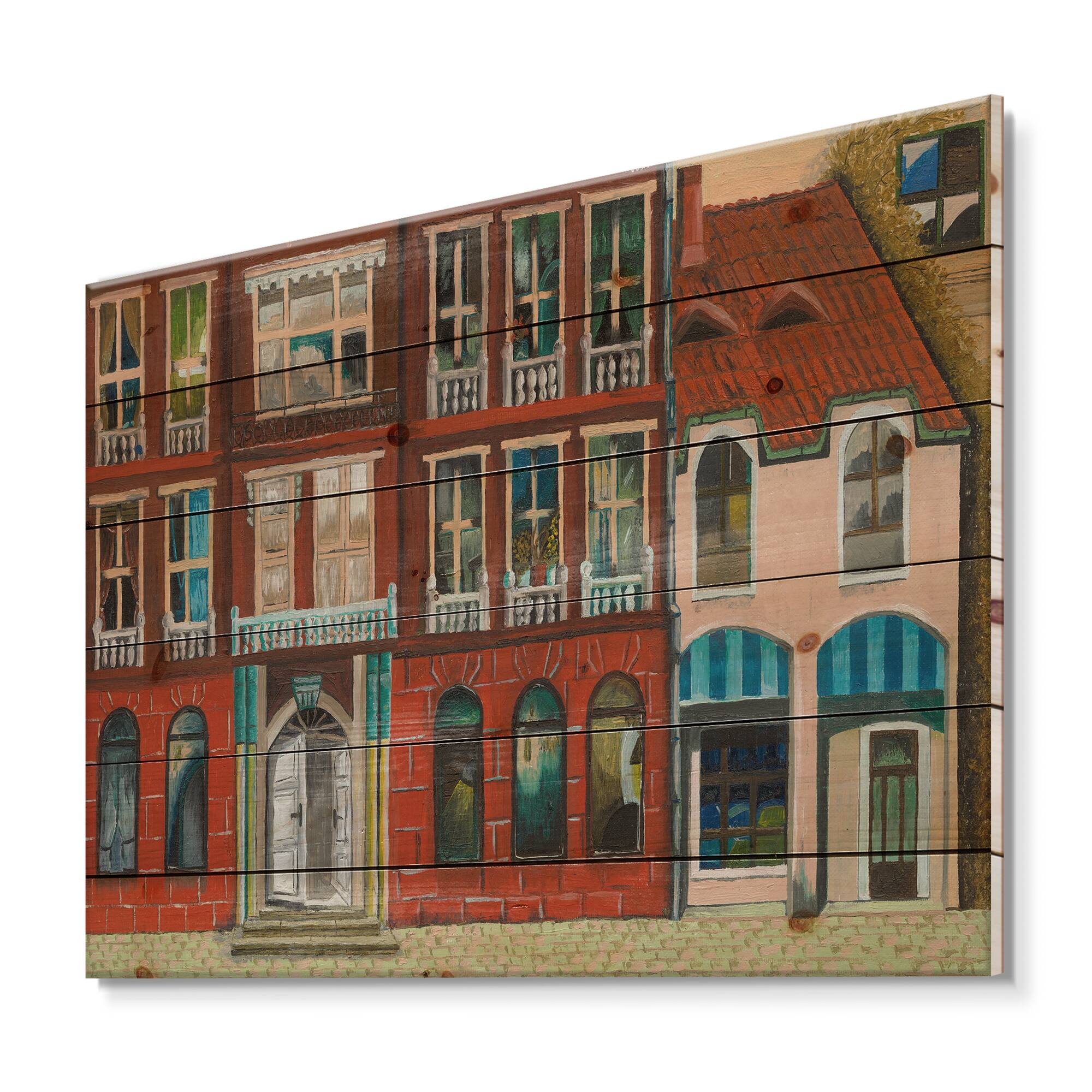 Designart - Red Facade of Shop In Paris I - French Country Print on Natural Pine Wood