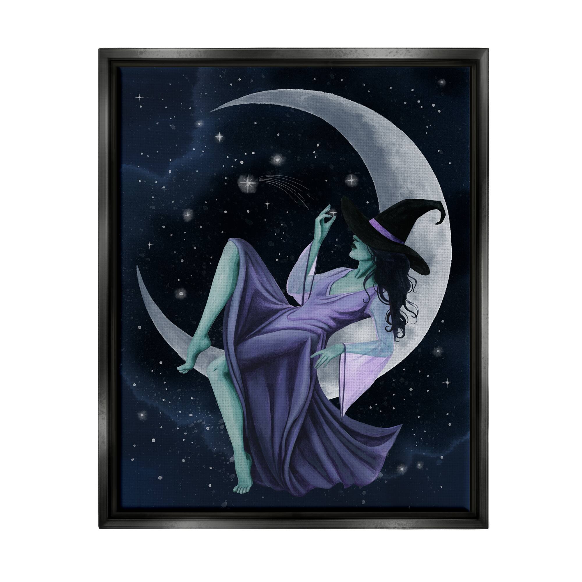 Stupell Industries Witch Relaxing Crescent Moon Framed Floater Canvas Wall Art