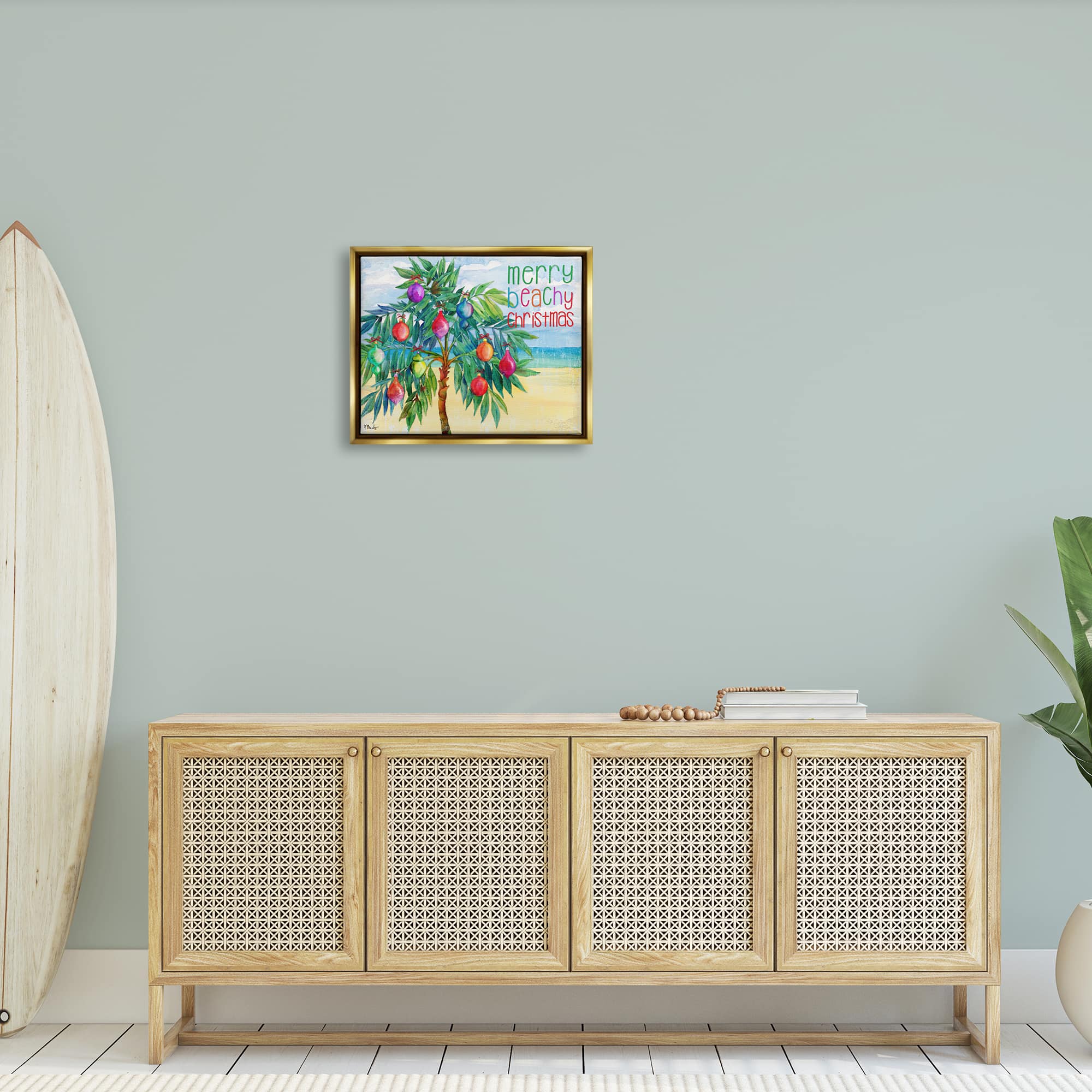 Stupell Industries Merry Beachy Christmas Holiday Palm Gold Framed Floater Canvas Wall Art