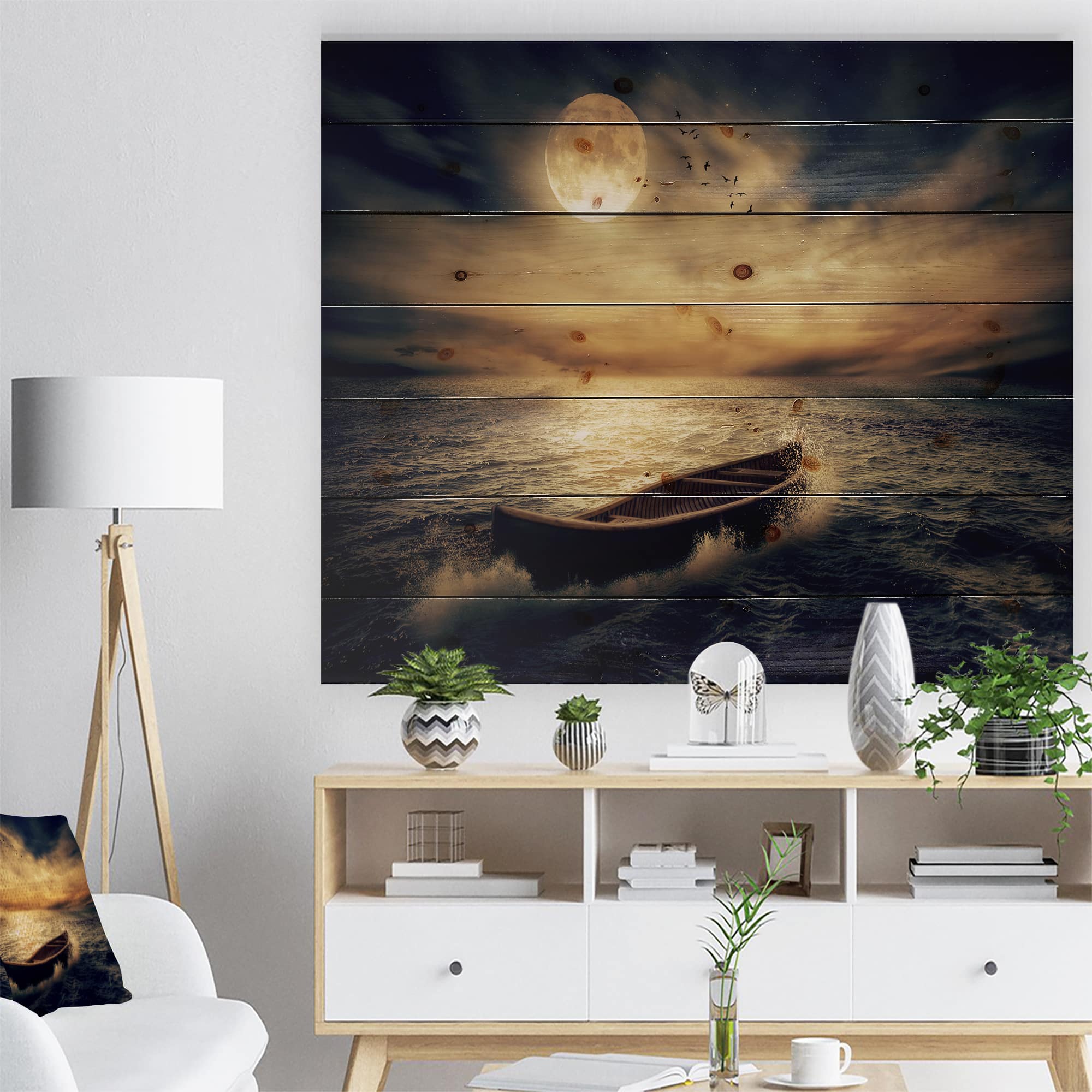Designart - Middle of Ocean after Storm - Floral Print on Natural Pine Wood