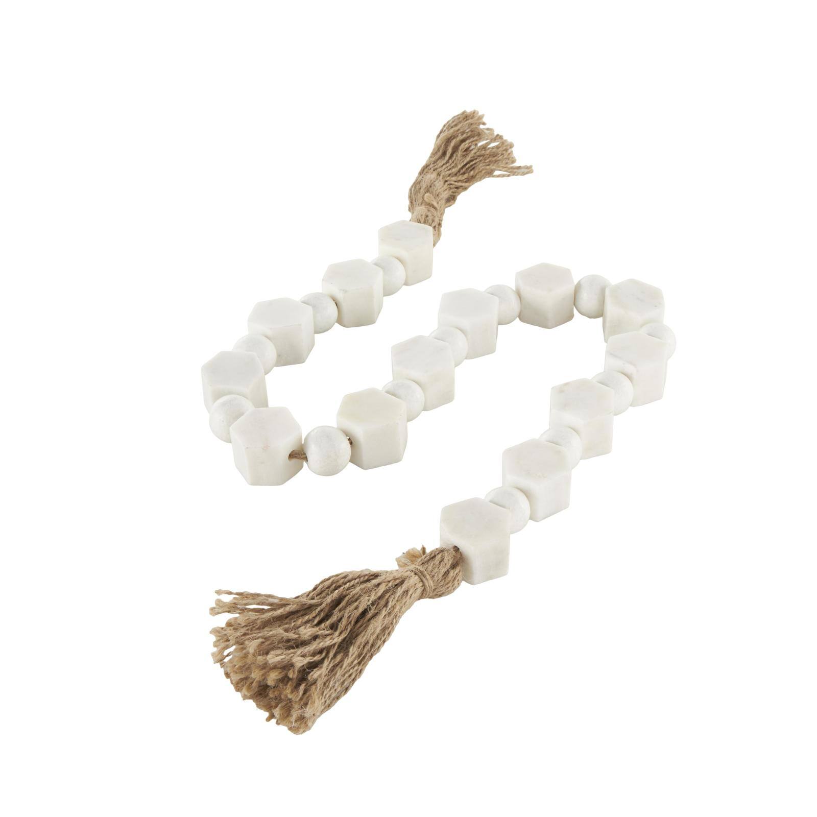 42" White with Brown Jute Knotted Marble Handmade Hexagon Beaded Garland