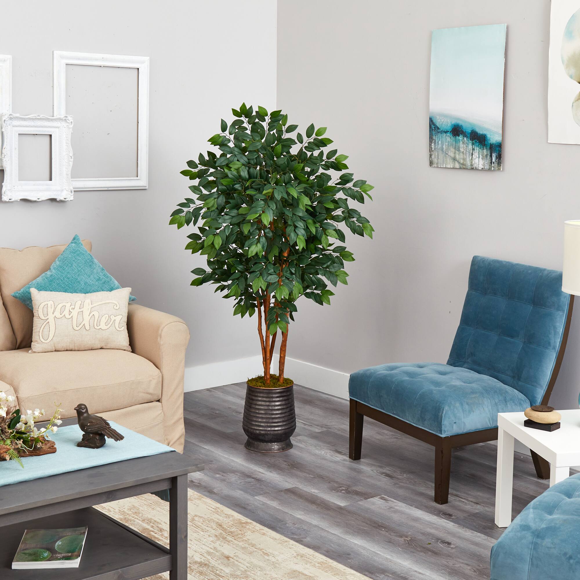 5ft. Sakaki Artificial Tree in Ribbed Metal Planter