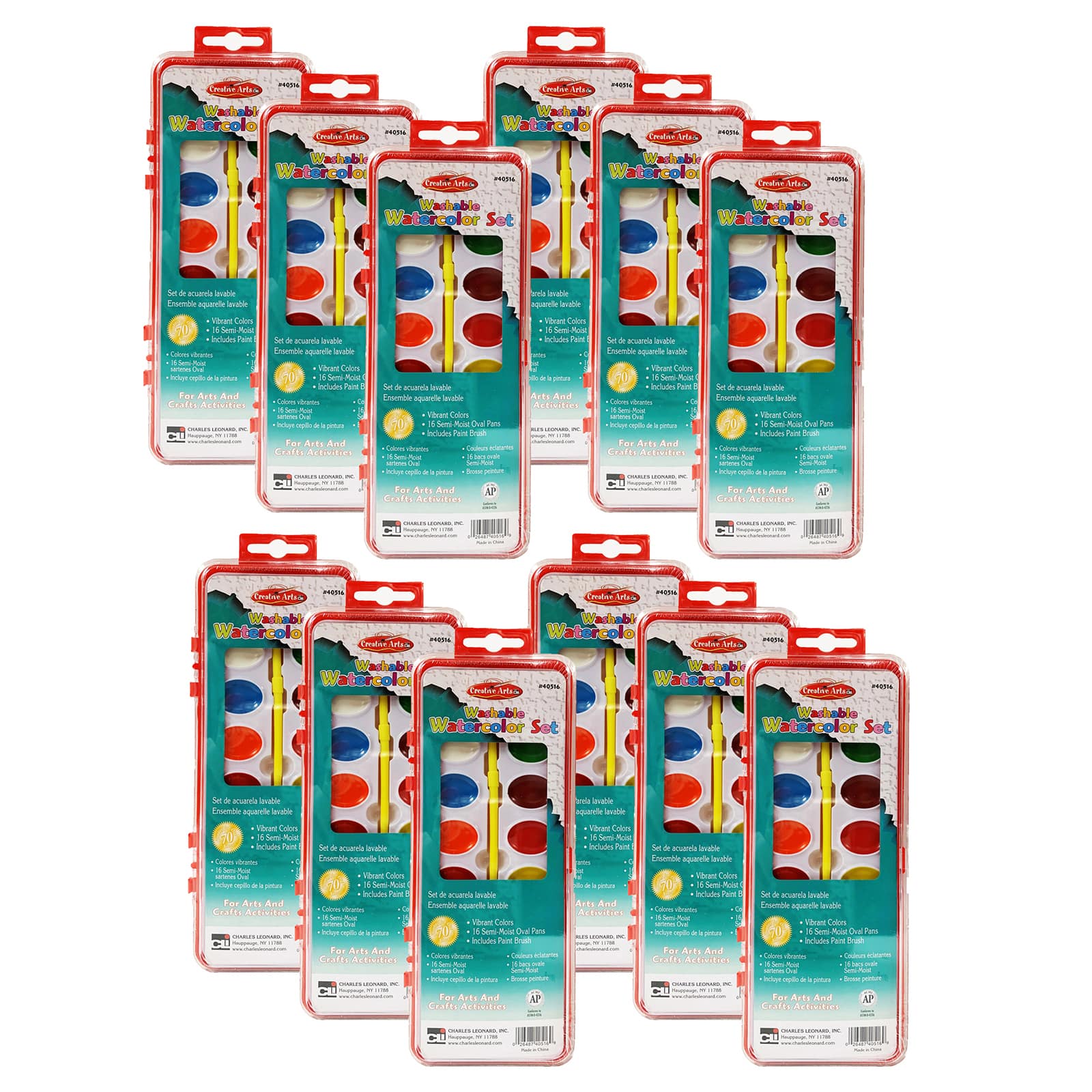 Charles Leonard Washable Watercolor Set with Brush, 12 Packs of 16