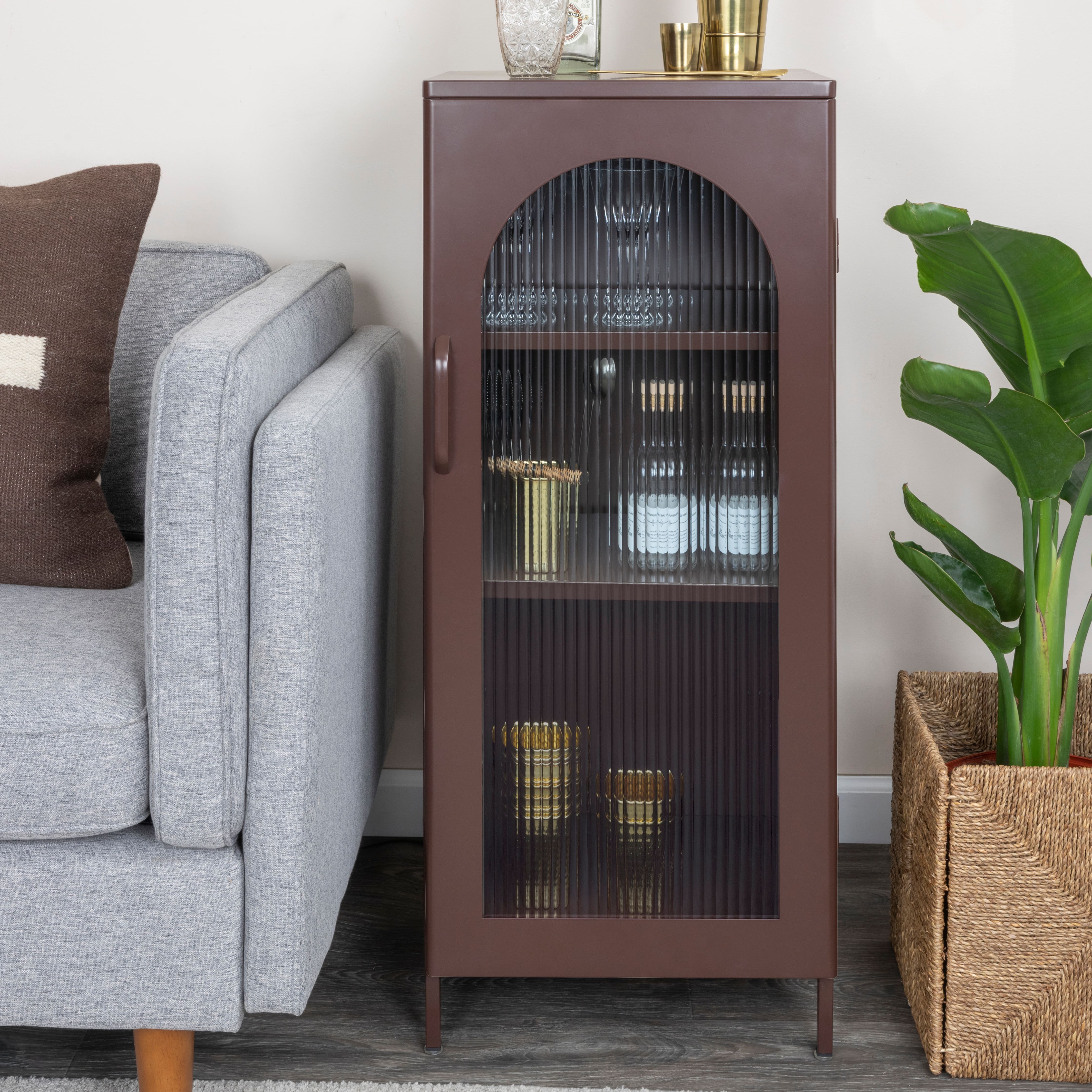 Hello Honey® 40" Solstice Narrow Metal Accent Cabinet with Adjustable Storage Shelves and Arched Glass Door