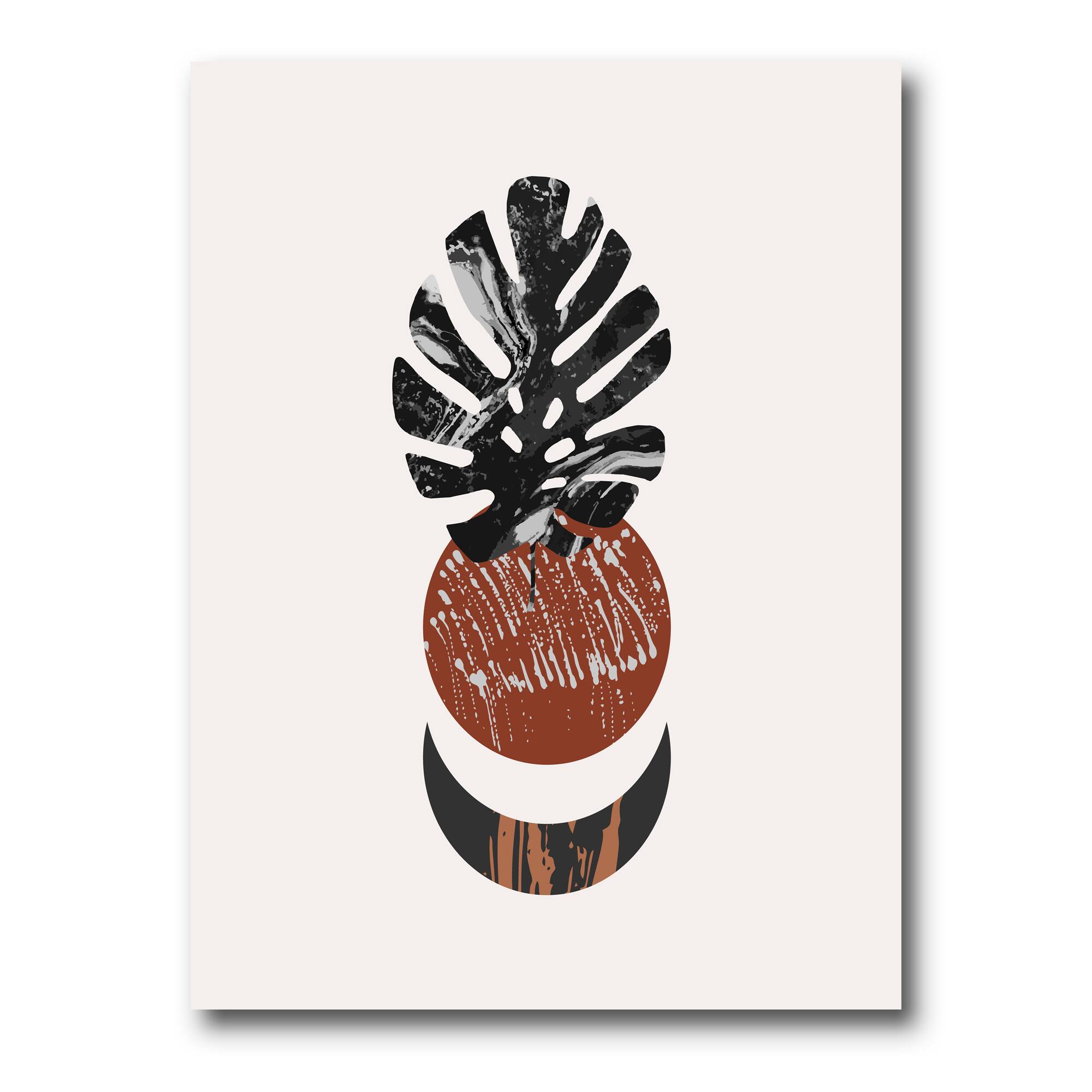 Designart - Abstact Minimal Sun, Moon & Tropical Palm Leaf II - Modern Canvas Wall Art Print