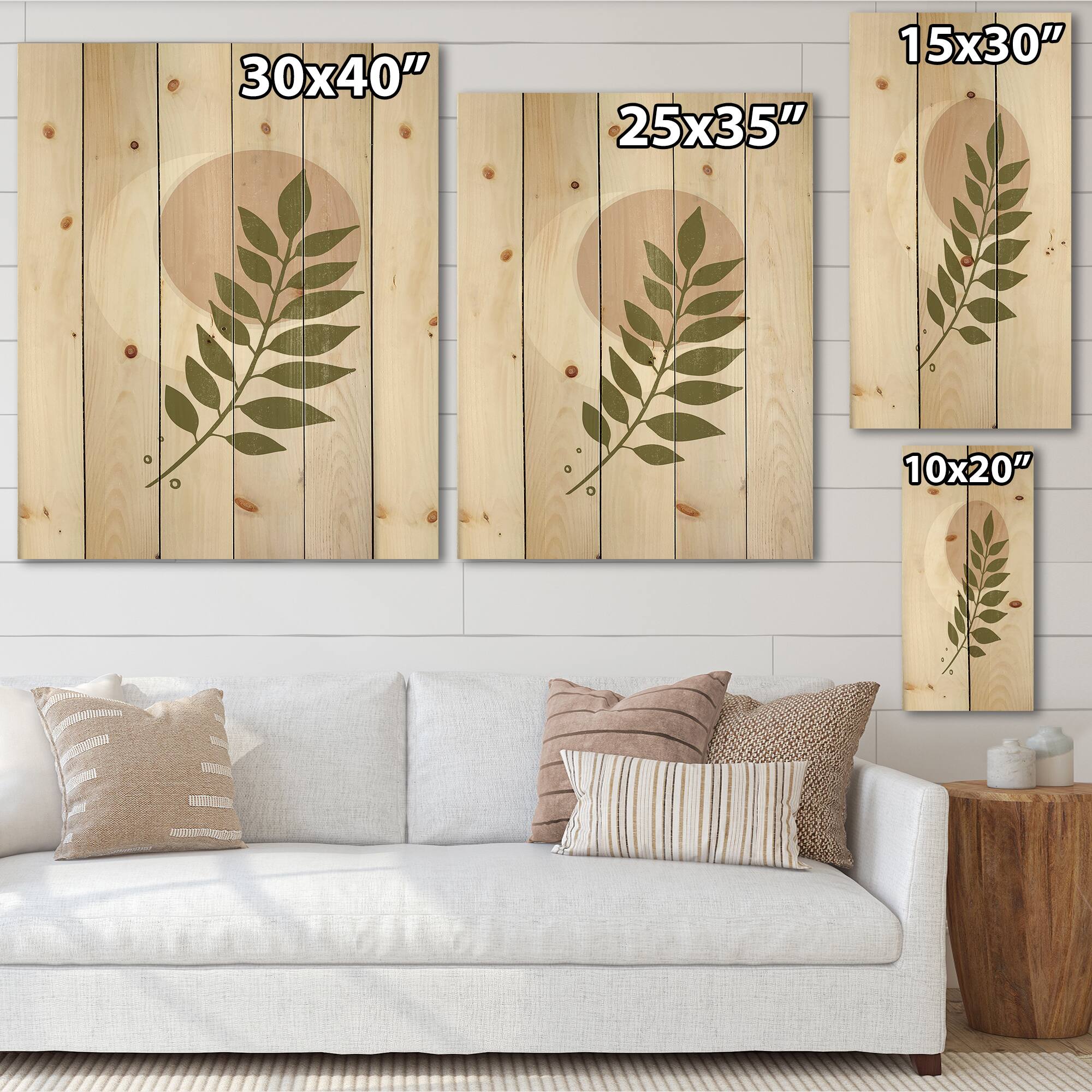 Designart - Abstract Geometrical Moon With Leaf IV - Modern Print on Natural Pine Wood