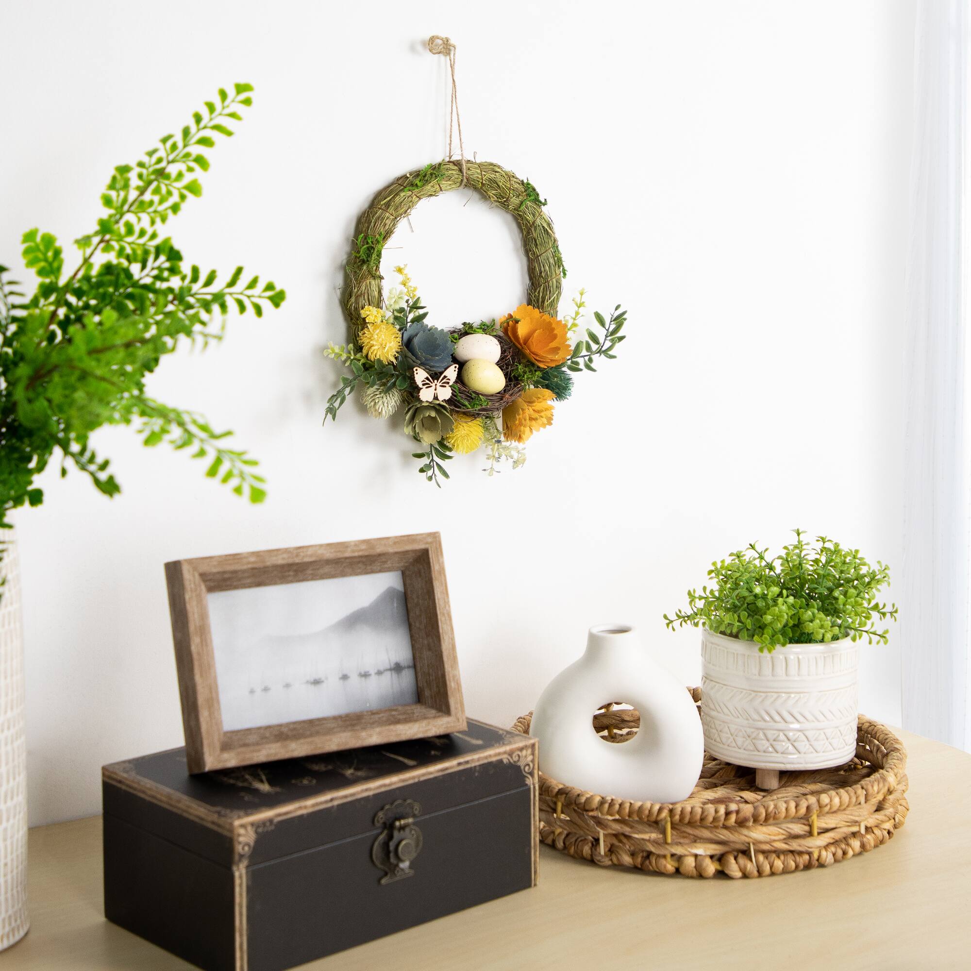 9" Easter Egg, Birds Nest & Wooden Flower Wreath