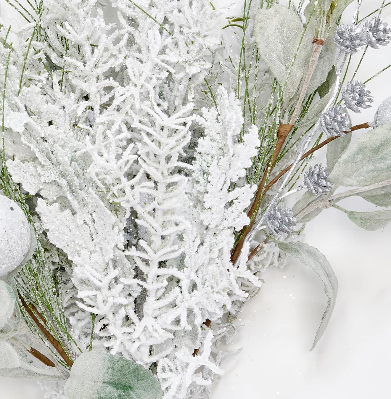 22" Snowy Glittered Balls & Leaves Artificial Christmas Bush