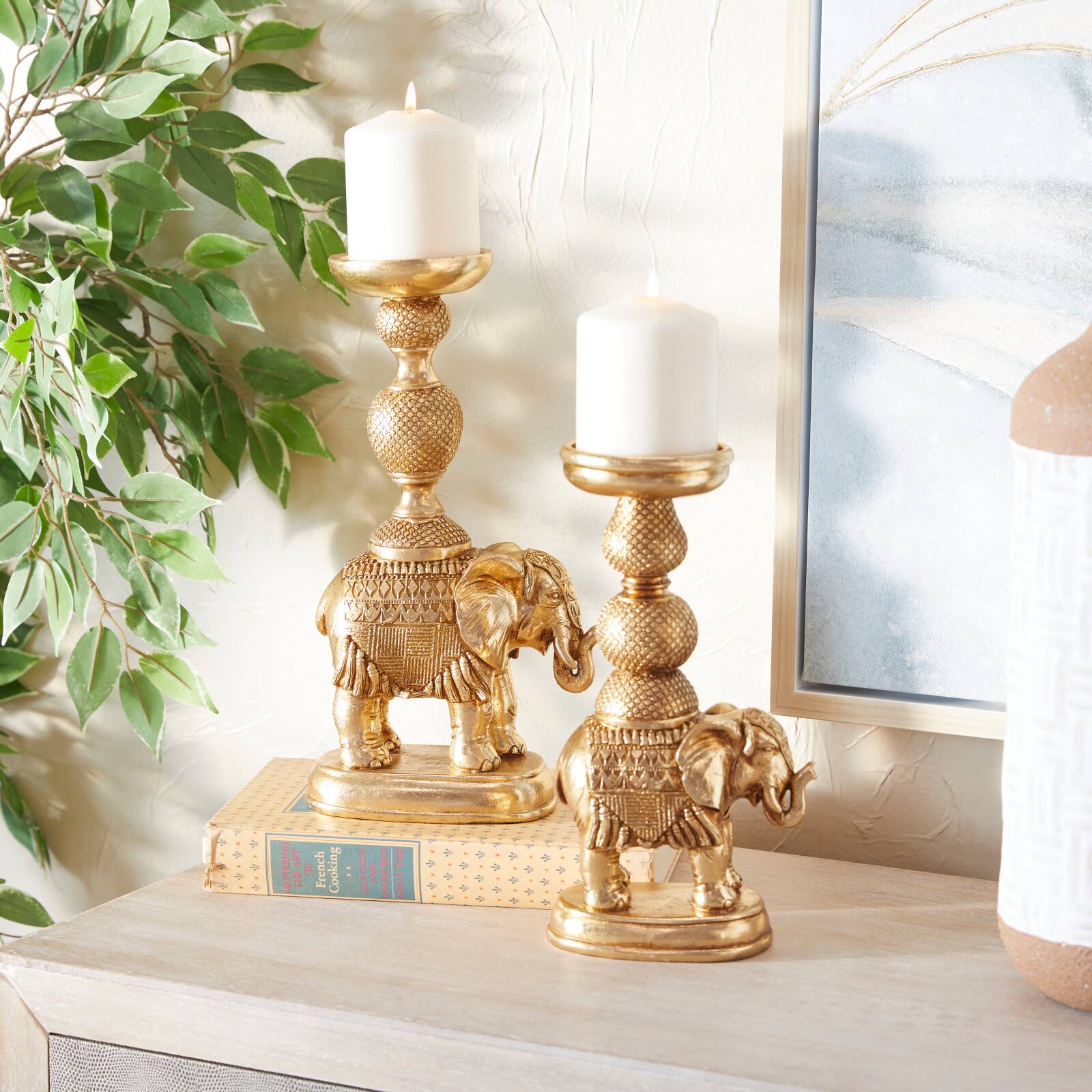 Set of 2 Gold Polystone Traditional Candle Holders, 13" x 4" x 6"