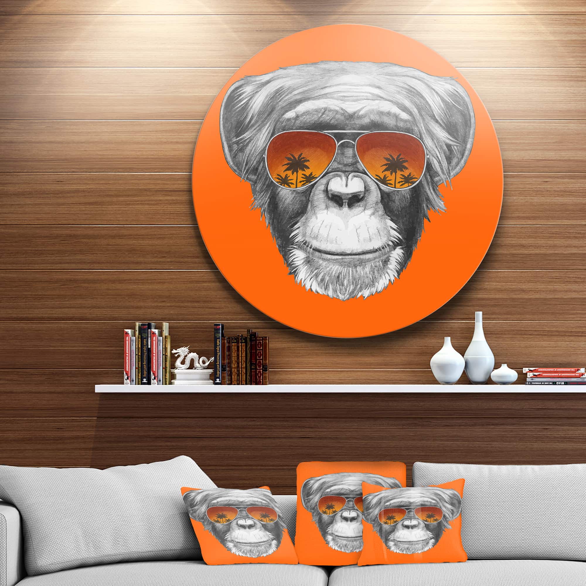 Designart - Monkey with Mirror Sunglasses' Disc Animal Metal Circle Wall Art