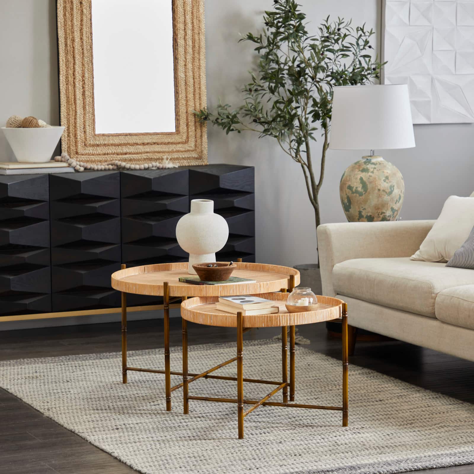 Brown Rattan Nesting Accent Table with Metal Bamboo Inspired Legs Set of 2 20", 18"