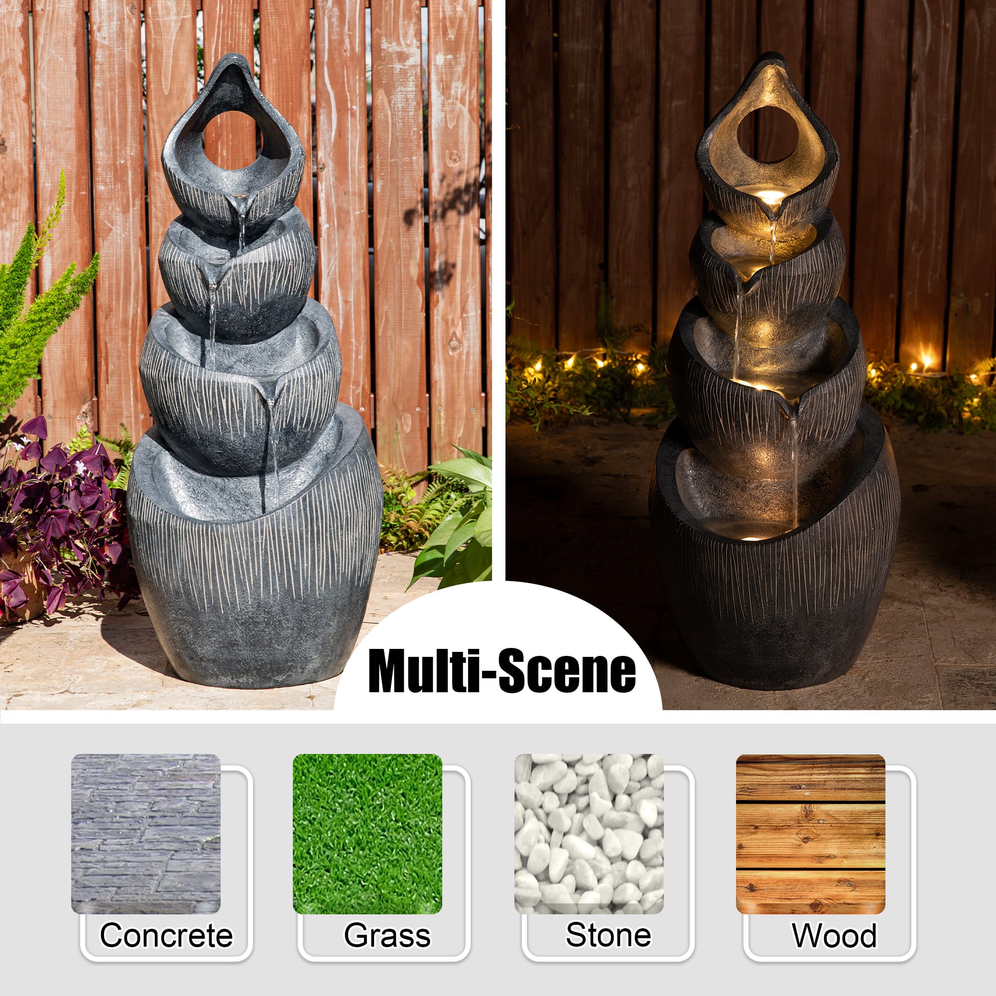 Glitzhome® 34" Zen-Style LED 4-Tier Alms Bowl Outdoor Fountain