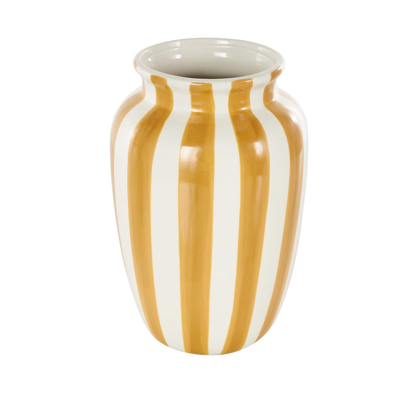 9.5" White & Yellow Stripes Round Wide Ceramic Vase