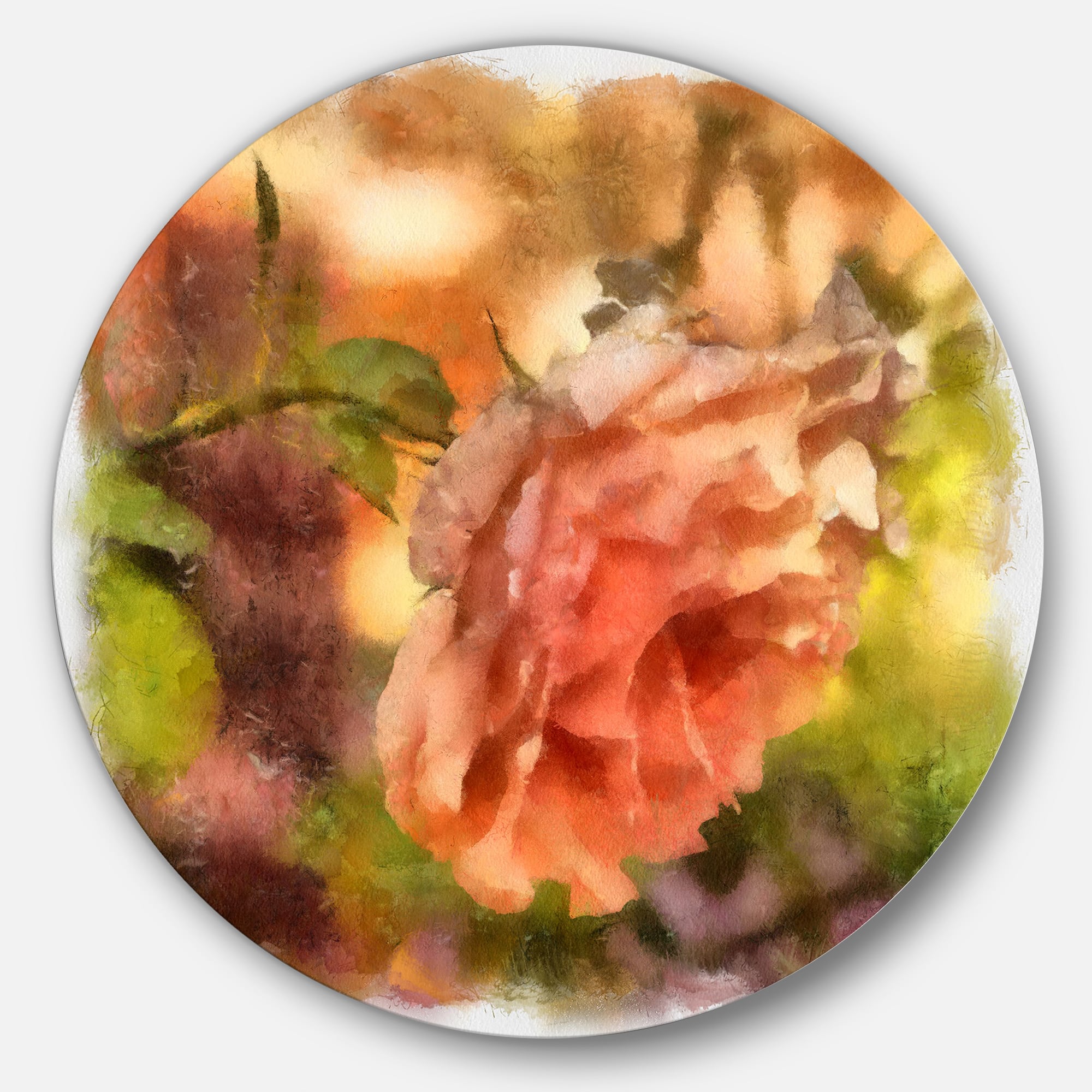 Designart - Full Bloom Orange Rose Watercolor' Floral Metal Round Wall Decor
