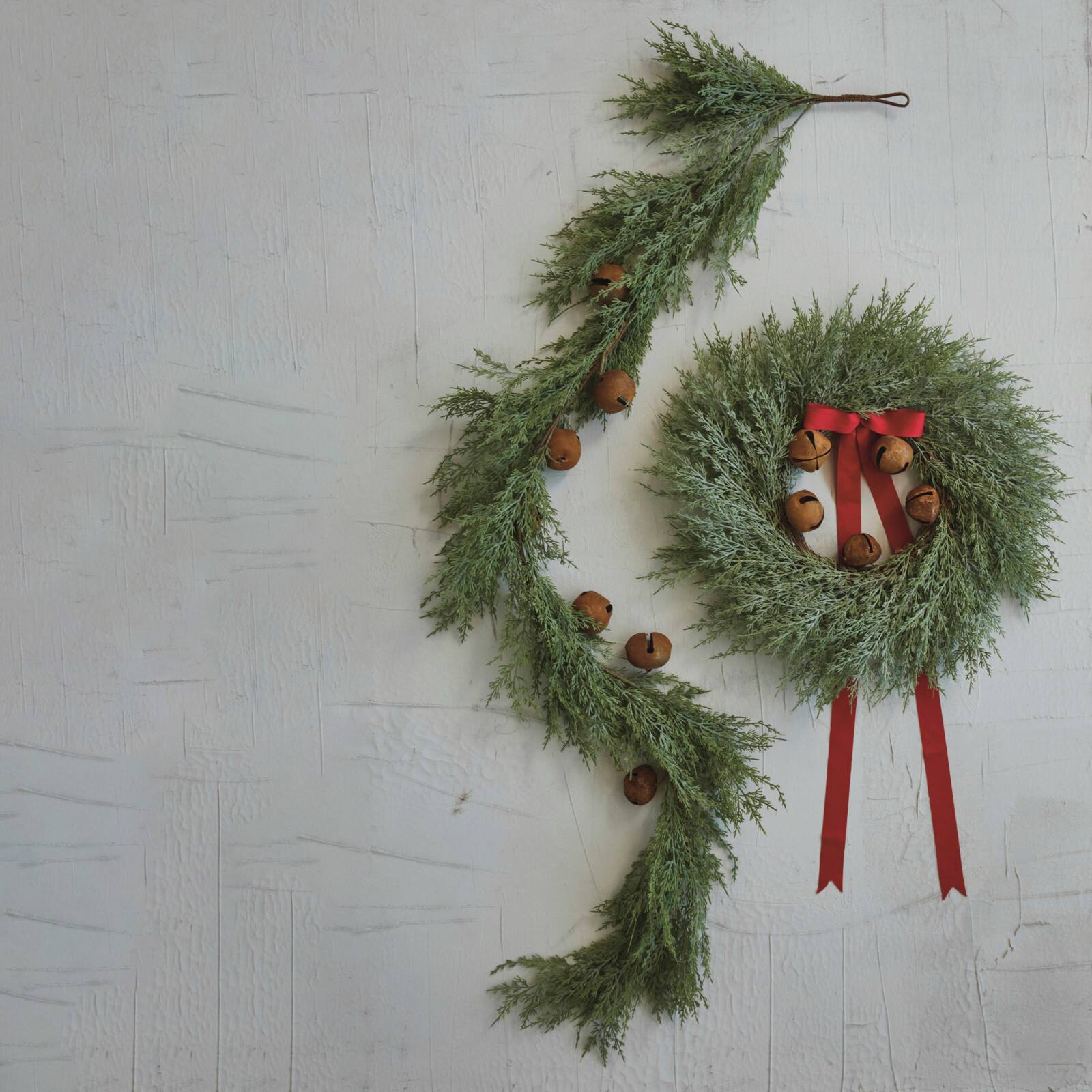 Hello Honey 6ft. Faux Cedar Garland with Rust Finish Metal Bells
