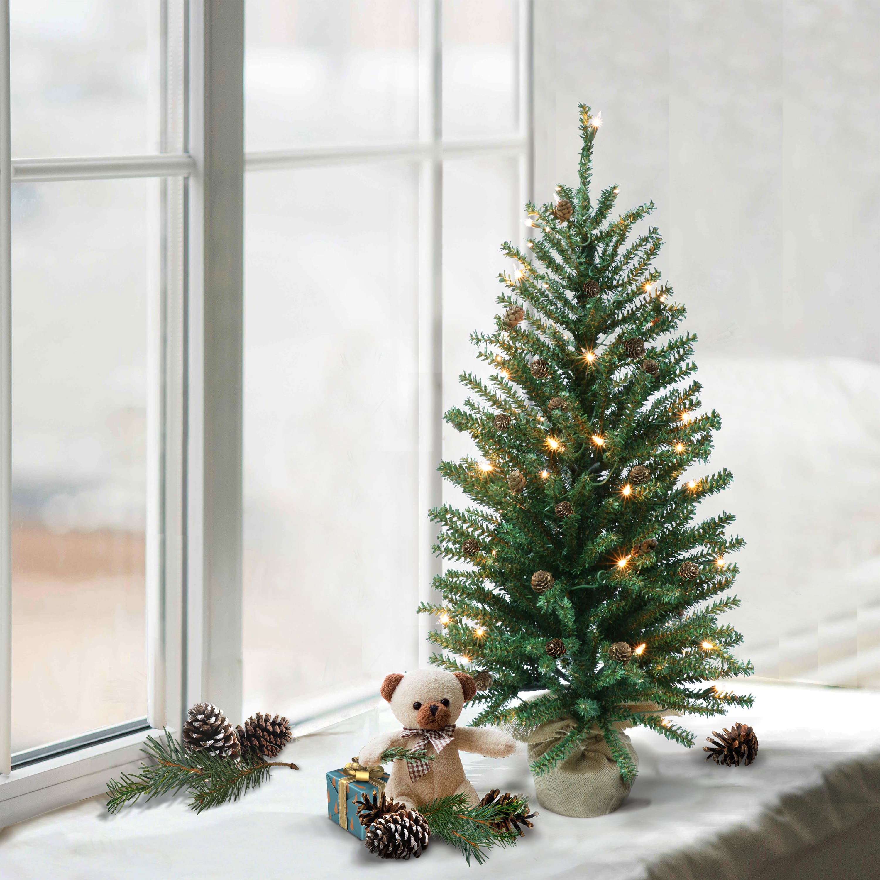 6 Pack: 3ft. Pre-Lit Fir Artificial Christmas Tree in Burlap Base, Clear Lights