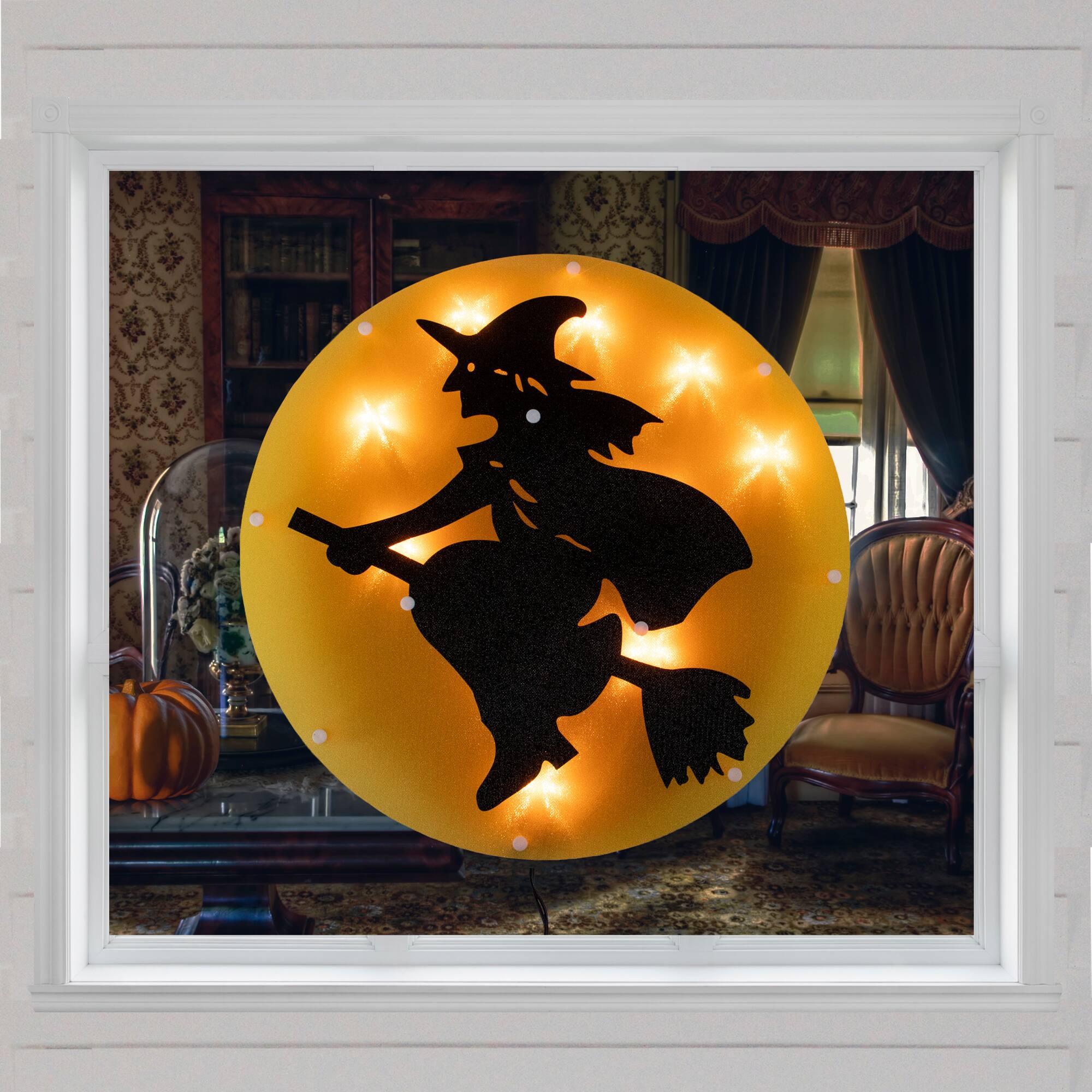 13.75" Lighted Witch on Broomstick Halloween Window Silhouette