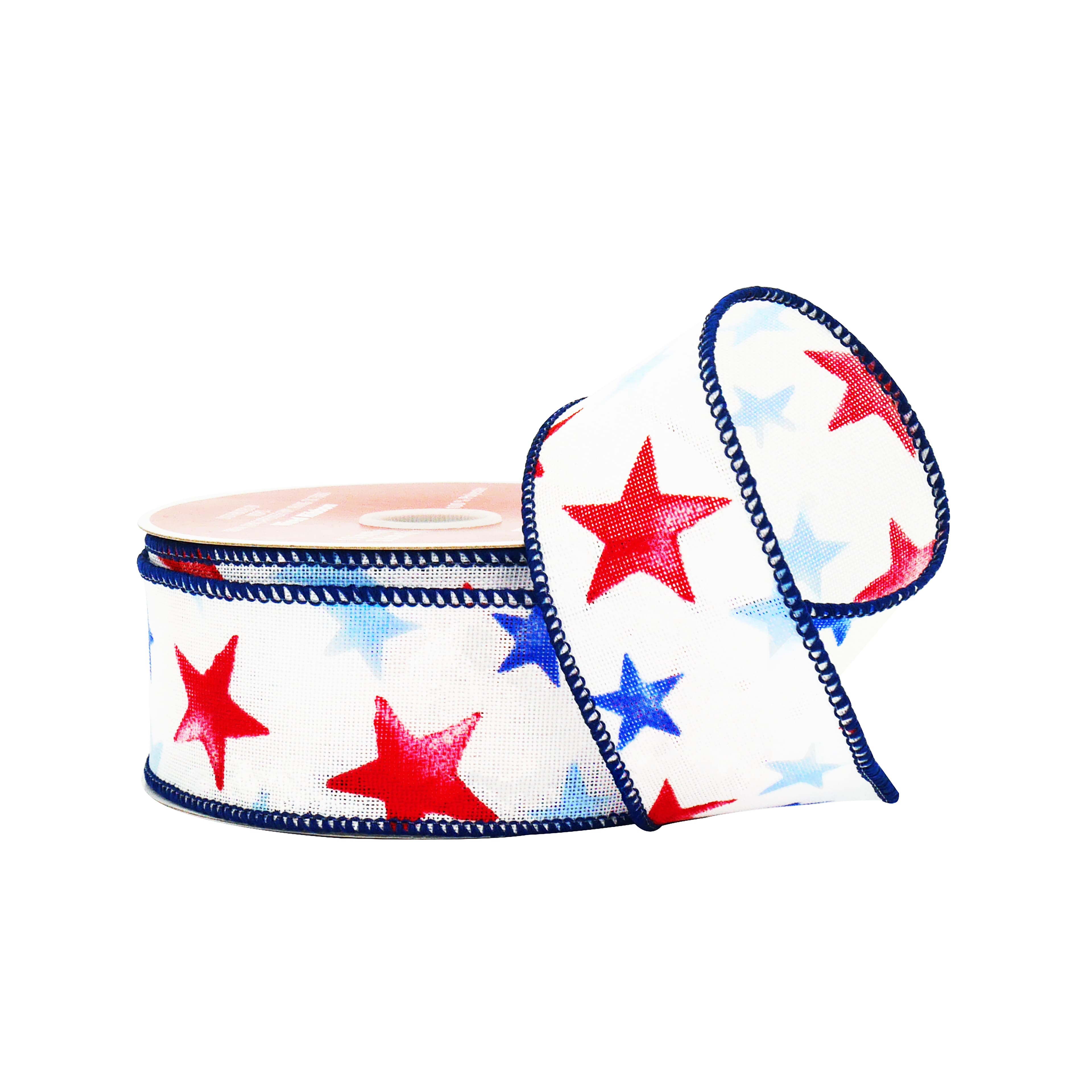 1.5" x 10yd. Red, White & Blue Stars Wired Cross Linen Ribbon by Celebrate It®