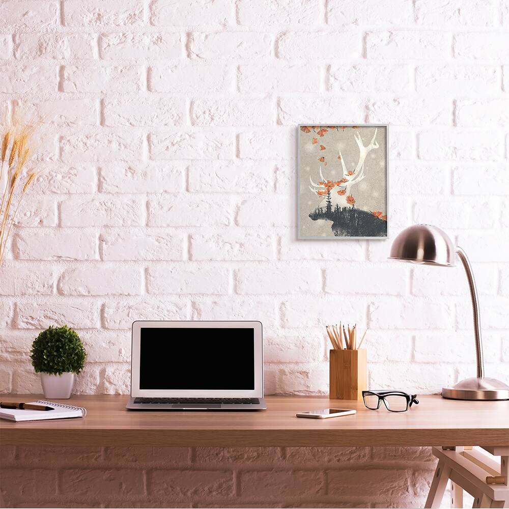 Stupell Industries Tree Forest Elk Silhouette Orange Florals in Gray Frame Wall Art