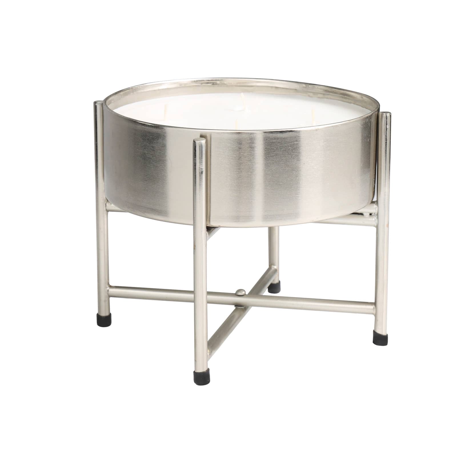 55oz. Sweet Bamboo Scented White 4 Wick Candle in Silver Bowl with Stand