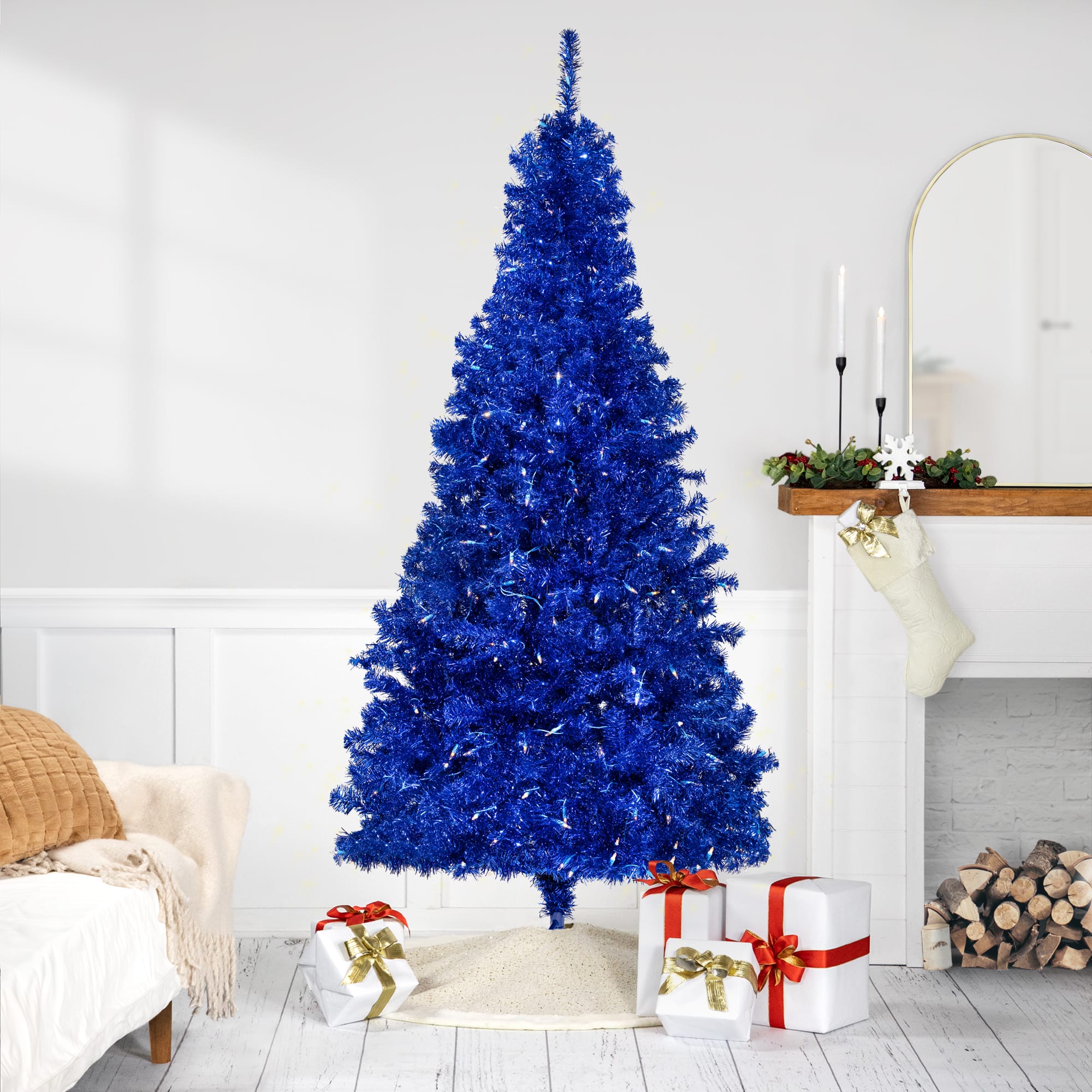 7ft. Pre-Lit Blue Artificial Tinsel Christmas Tree, Clear Lights