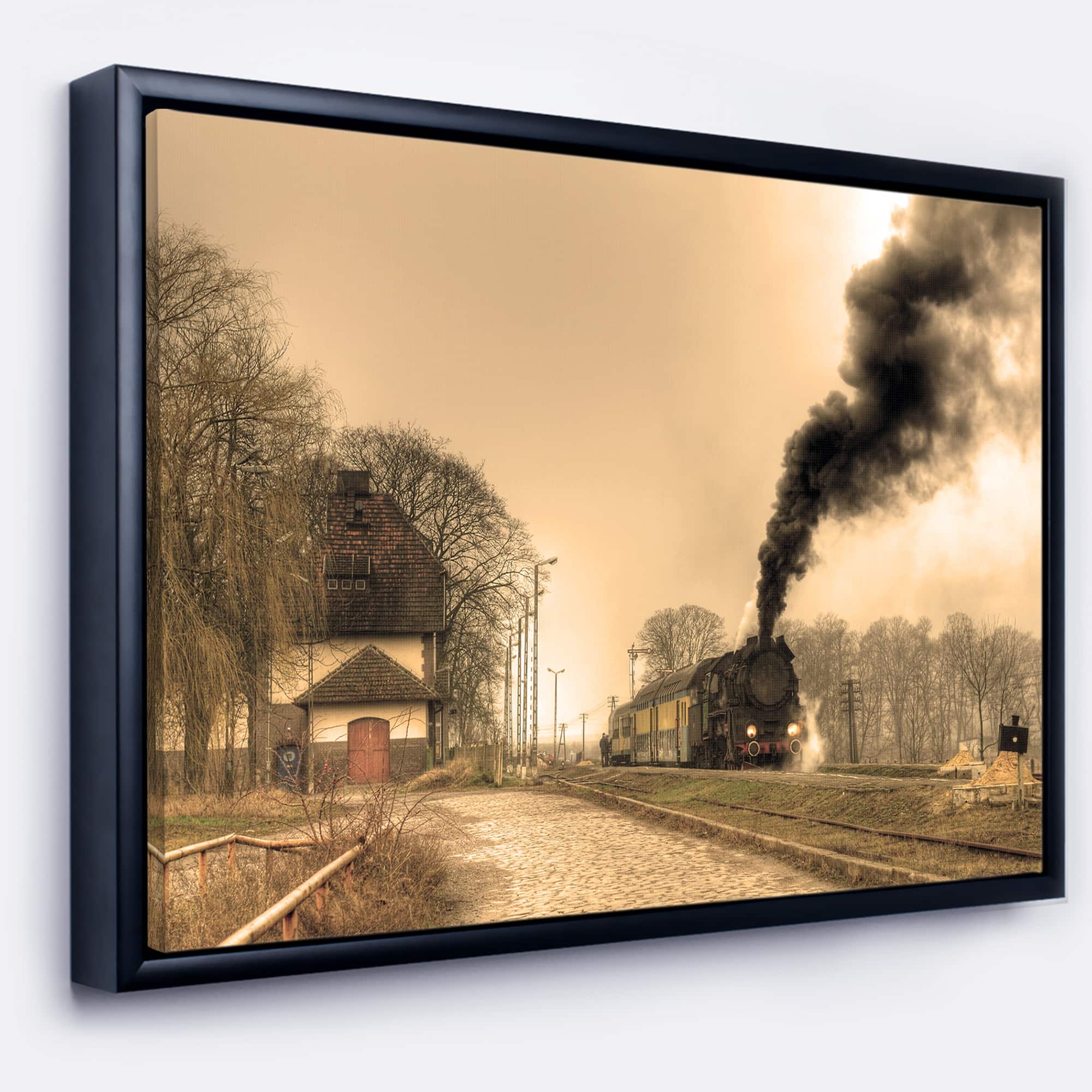 Designart - Retro Steam Train - Landscape Photography Canvas Art Print in Black Frame