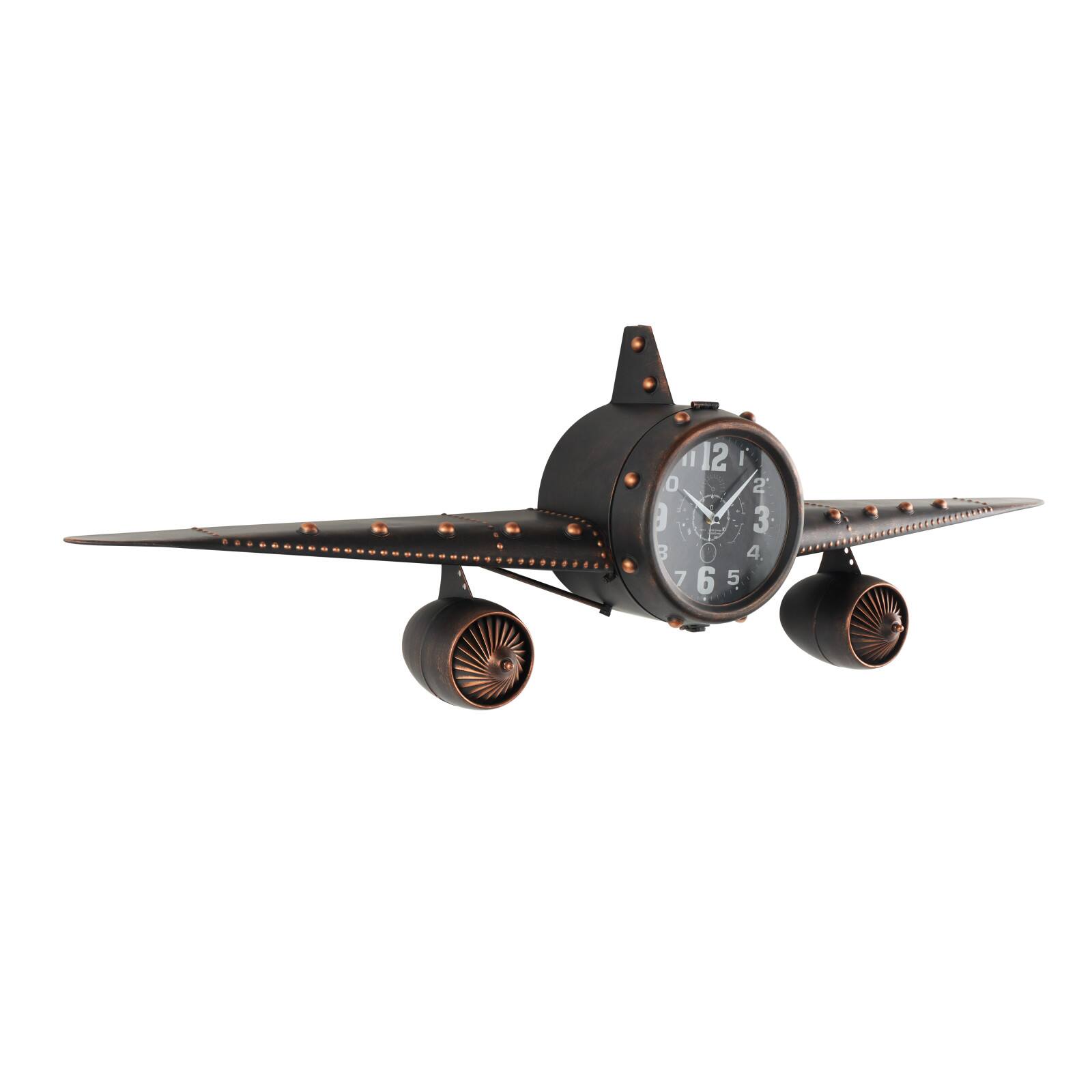 17" Dark Brown Metal Airplane Decorative Wall Clock with Copper Accents