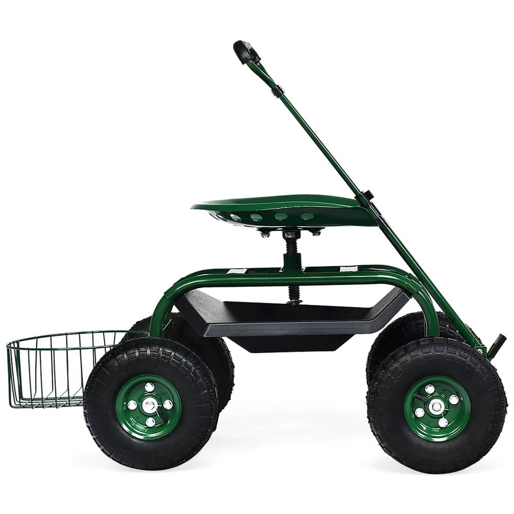 Costway Green & Black Garden Cart Rolling Work Seat with Tray Basket Extendable Handle