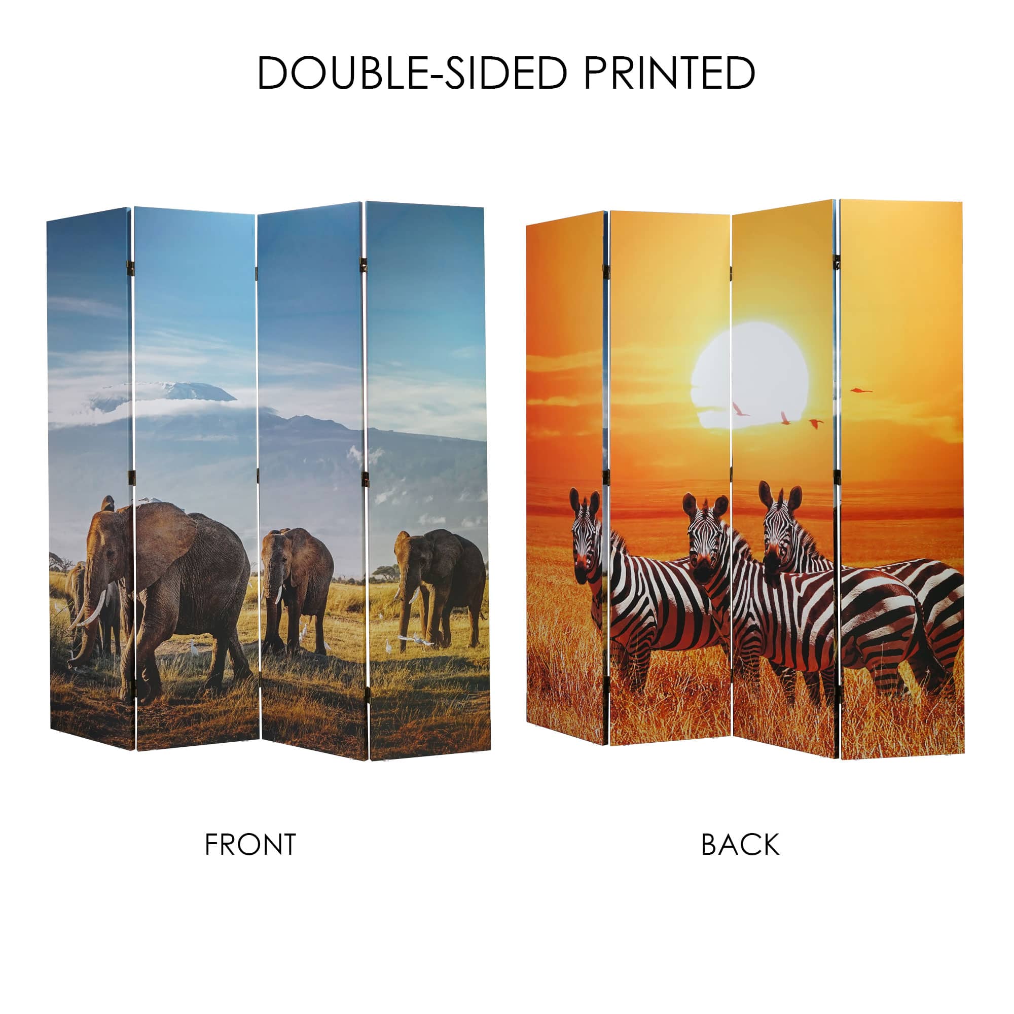 American Art Decor™ 6ft. Double-Sided 4-Panel African Elephants & Zebras Animals Canvas Privacy Screen