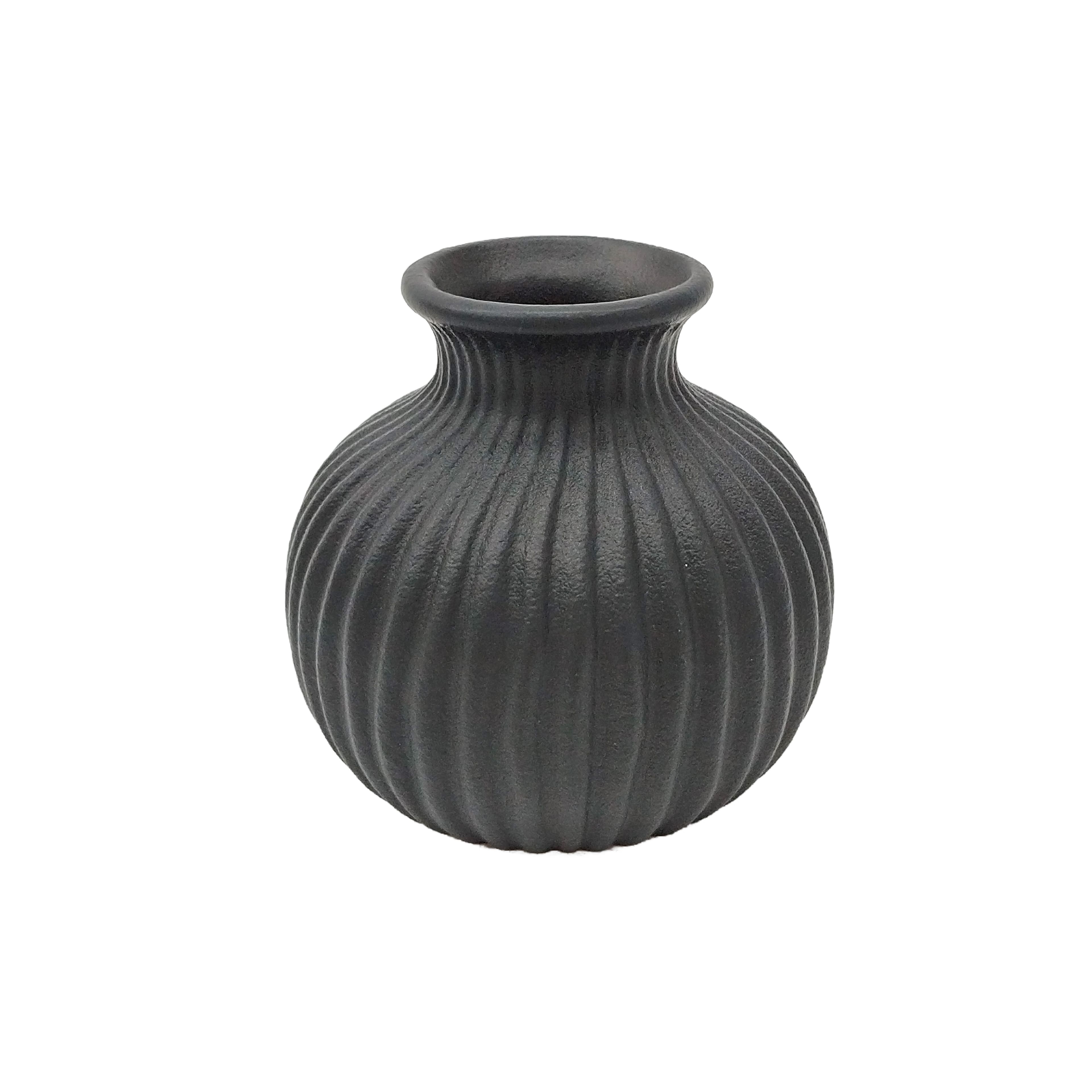 Black Ribbed Round Ceramic Vase by Ashland