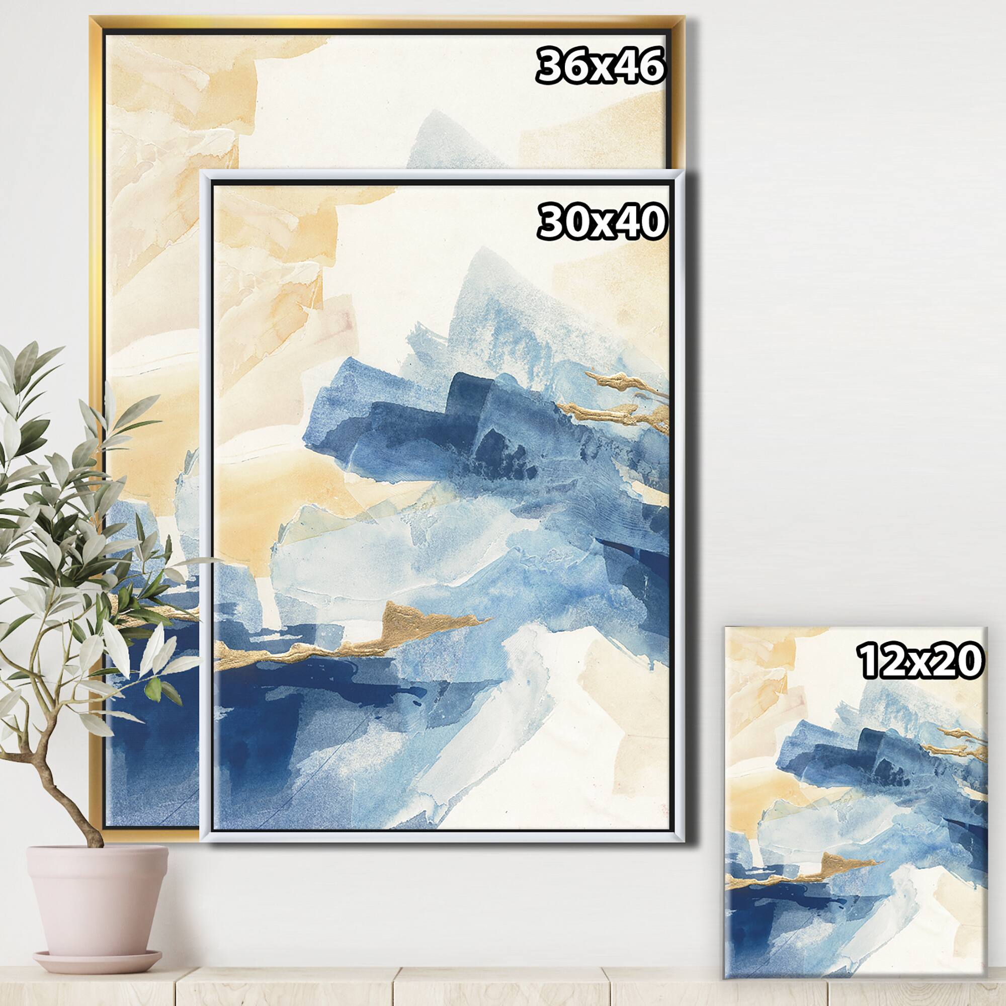 Designart - Metallic Gold Indigo II - Modern Glam Canvas in Gold Frame