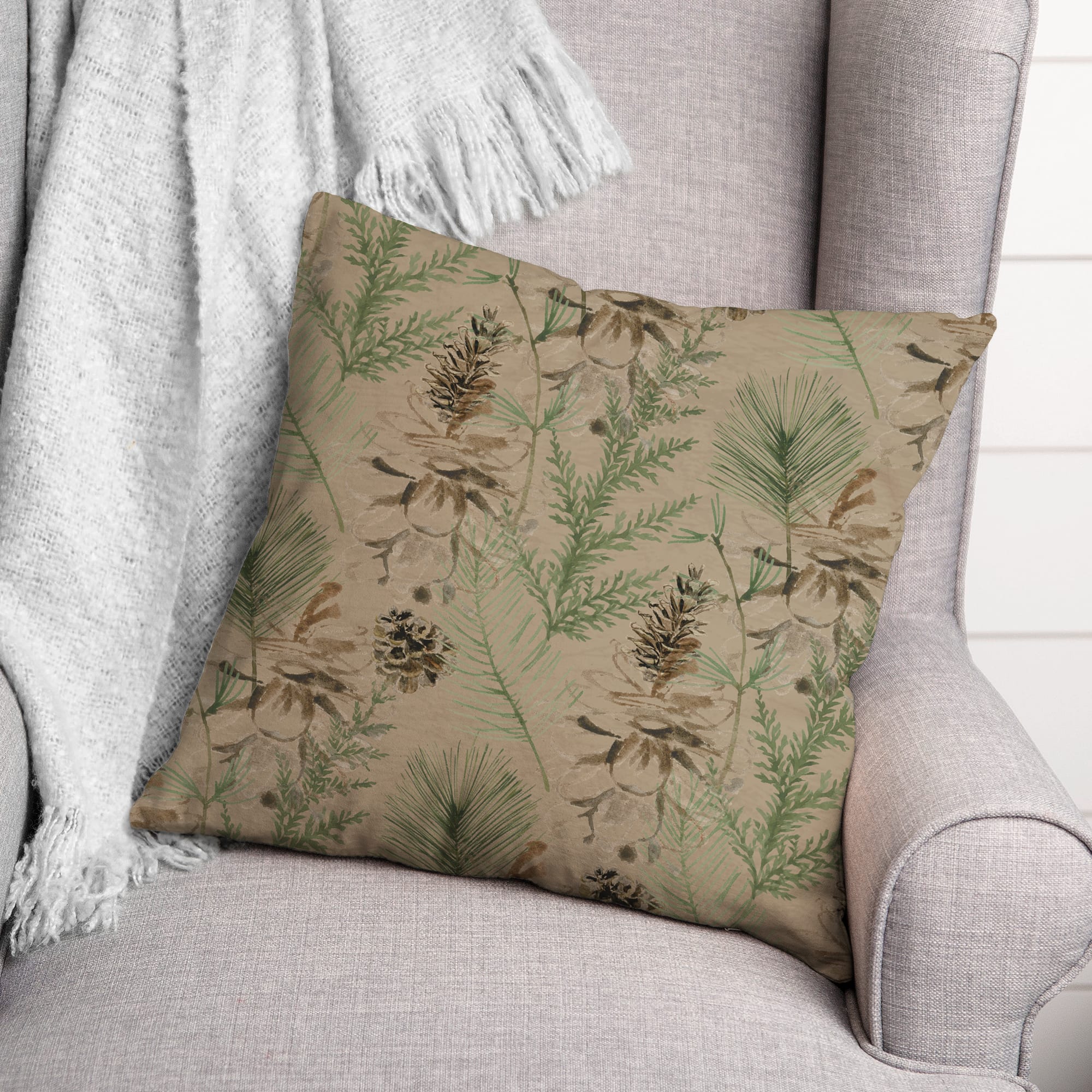 Pinecones & Greenery on Brown Square Throw Pillow