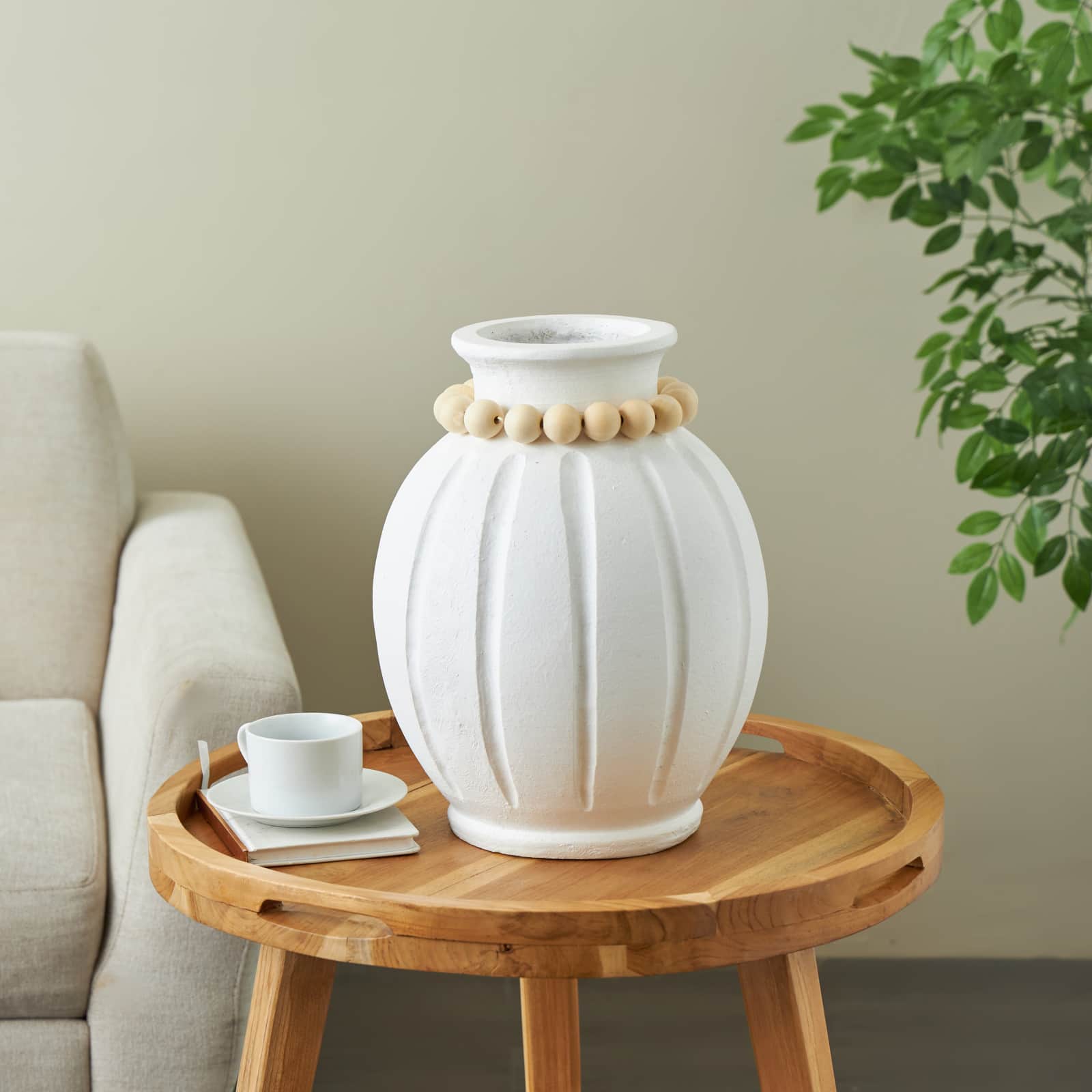 15.25" White with Light Brown Beads & Carved Grooves Decorative Vase