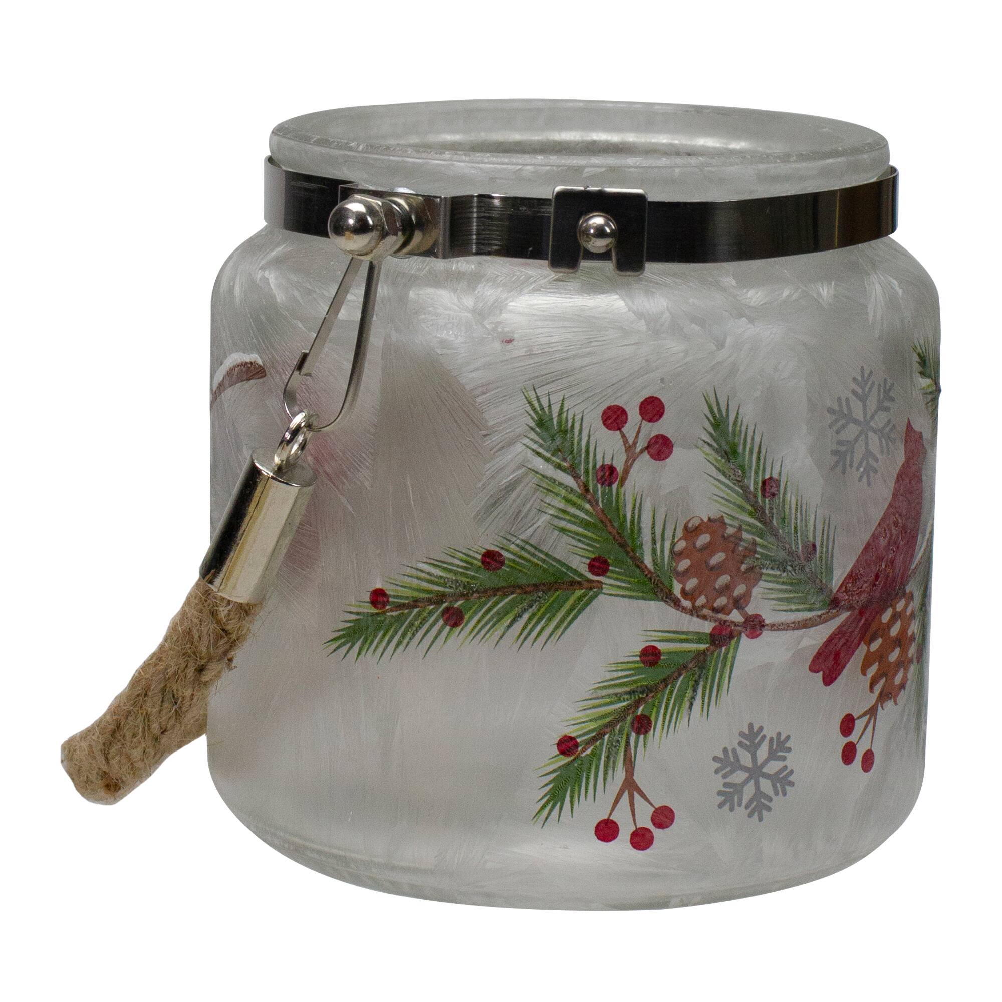 4" Hand Painted Christmas Cardinal & Pine Flameless Glass Christmas Candle Holder