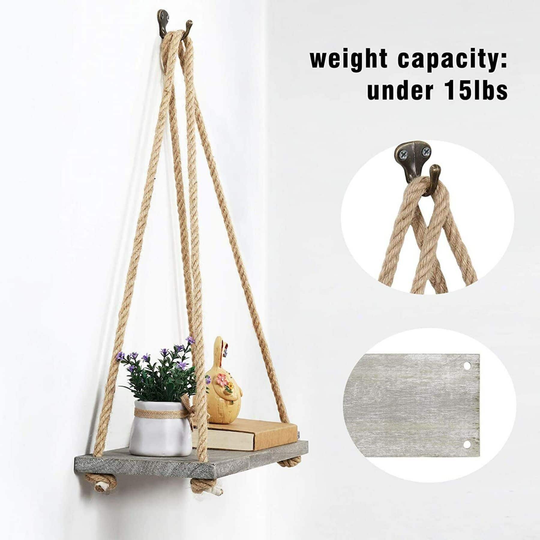 NEX™ 16" Gray Green Hanging Rope Wood Wall Shelves, 4ct.