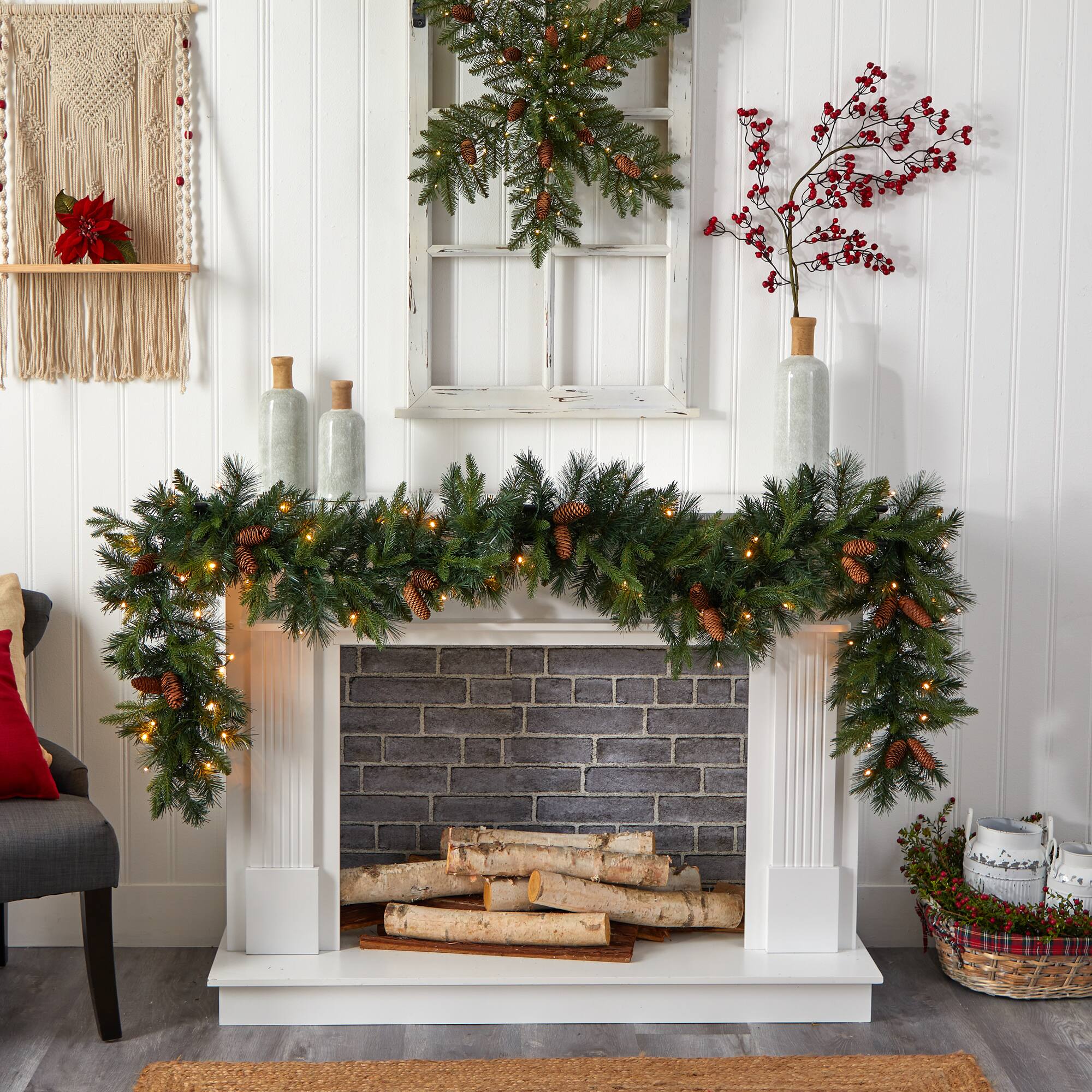 9ft. White LED Lights Mixed Pines & Pinecones Artificial Christmas Garland