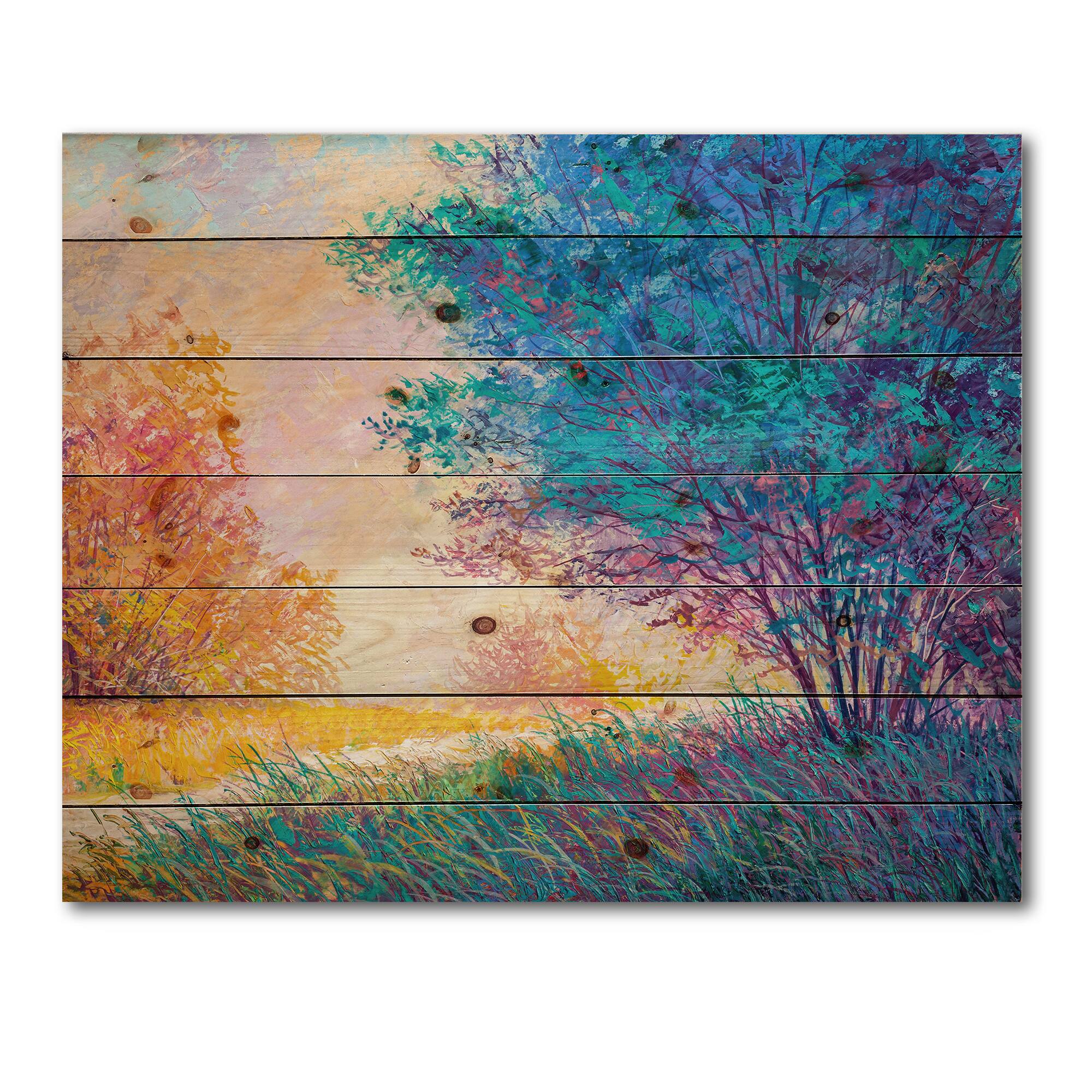 Designart - Sunset In Autumnal Landscape - Traditional Print on Natural Pine Wood
