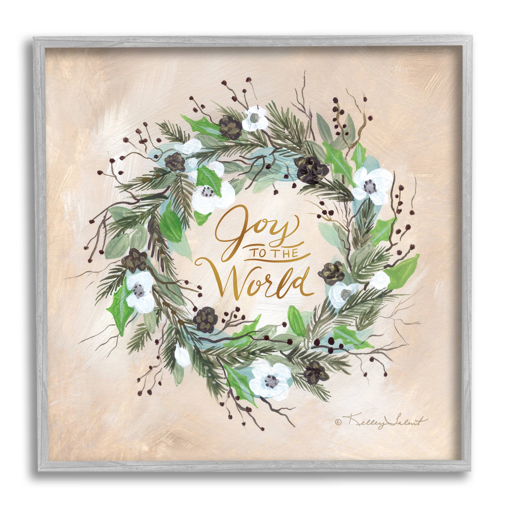 Stupell Industries Joy To The World Holiday Floral Wreath Framed Giclee Art