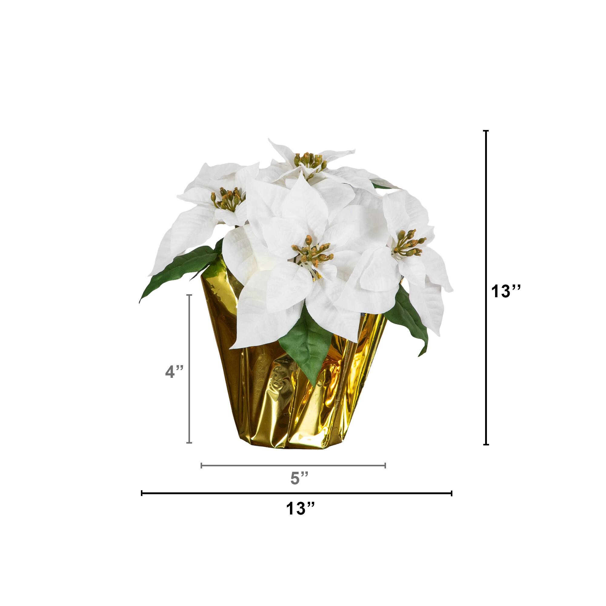 Nearly Natural 13" White Artificial Velvet Poinsettia Arrangement in Gold Wrapped Planter