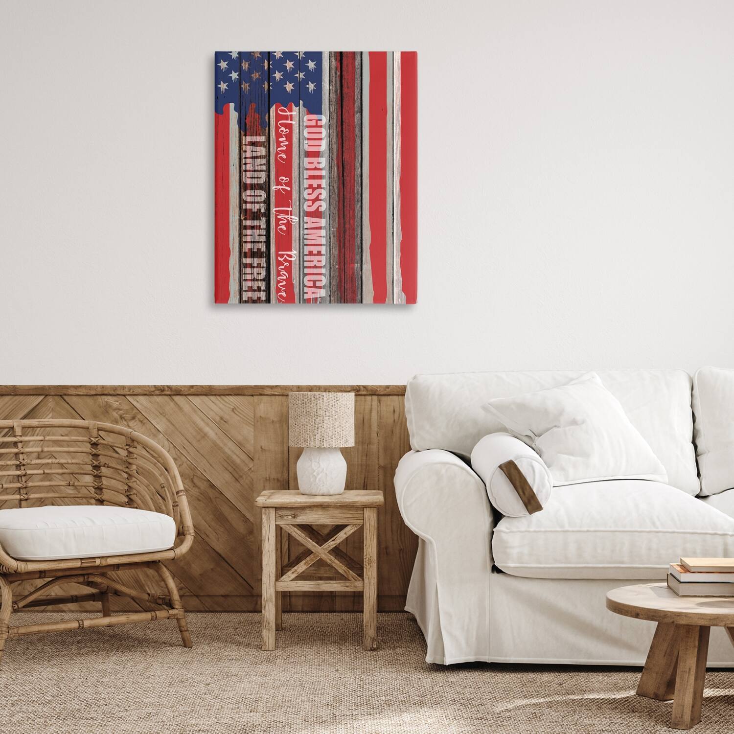 Stupell Industries God Bless America Wood Grain Flag Red White Blue Americana Canvas Wall Art