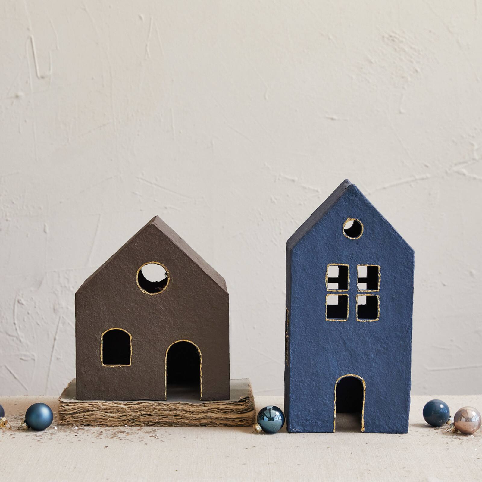 Hello Honey® 12" Blue & Gold Decorative Hand-Painted Paper Mache House