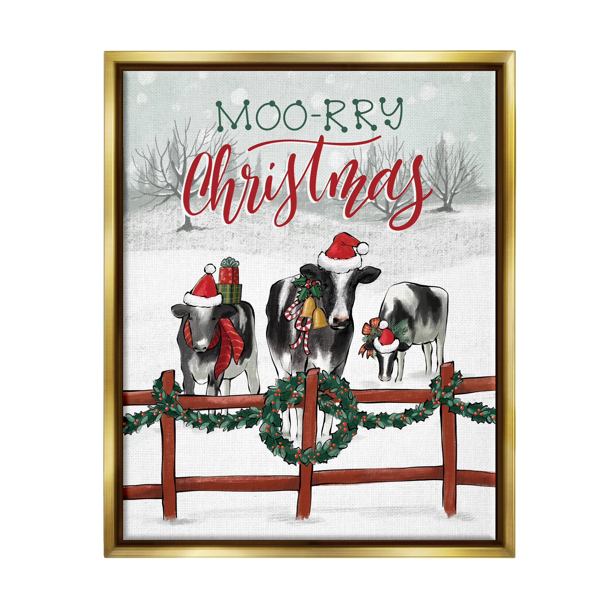 Stupell Industries Moo-rry Christmas Holiday Snowy Cows Framed Floater Canvas Wall Art