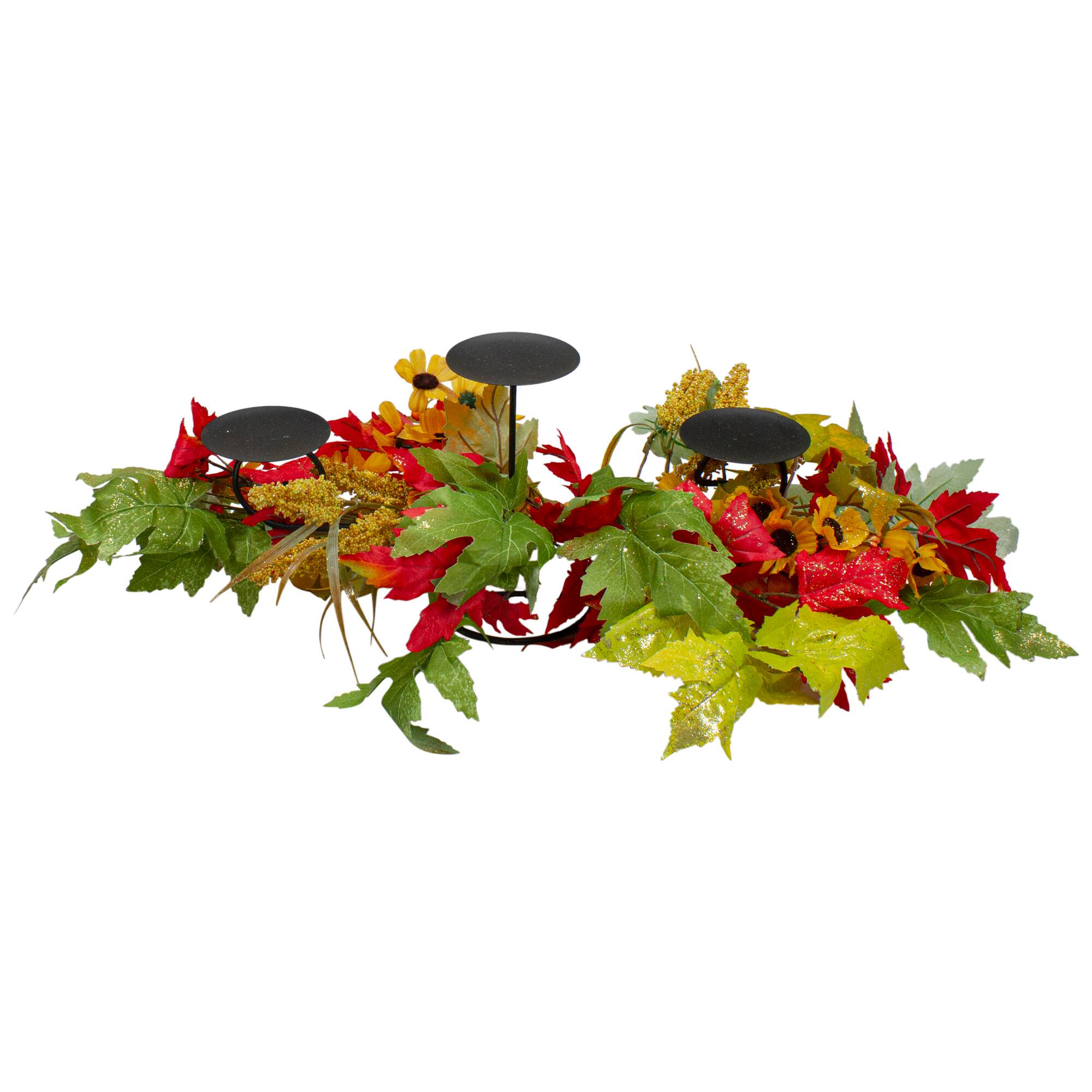 28" Yellow Sunflower & Red Leaves Fall Harvest Candle Holder