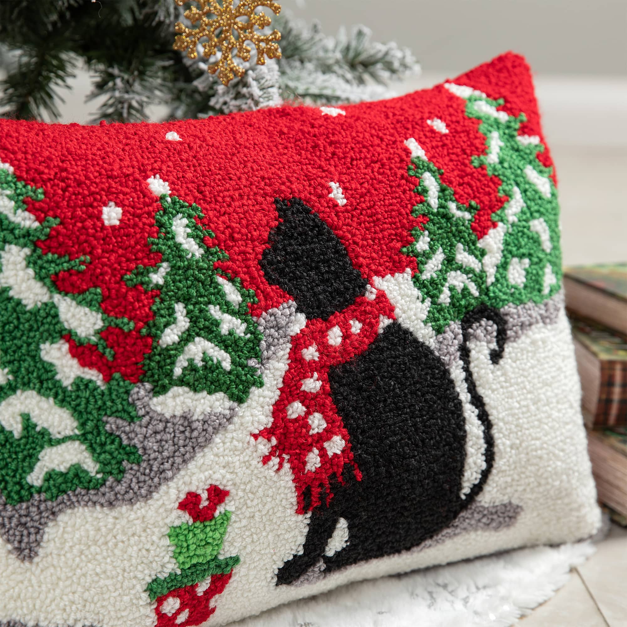 Glitzhome® Hooked Christmas Cat Pillow