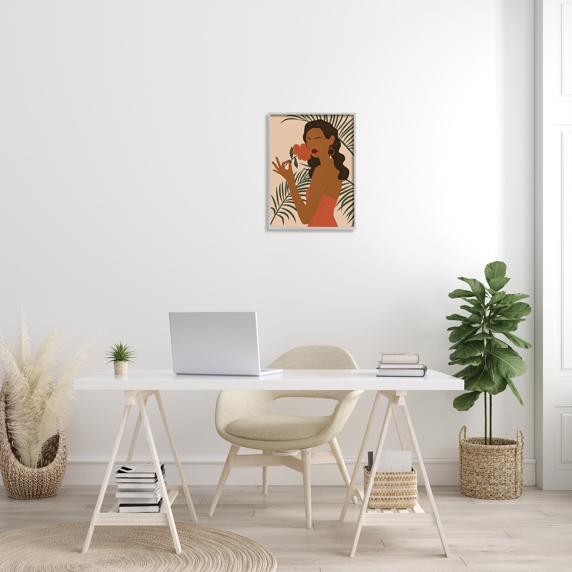 Stupell Industries Woman With Red Floral over Green Palm Leaves in Frame Wall Art