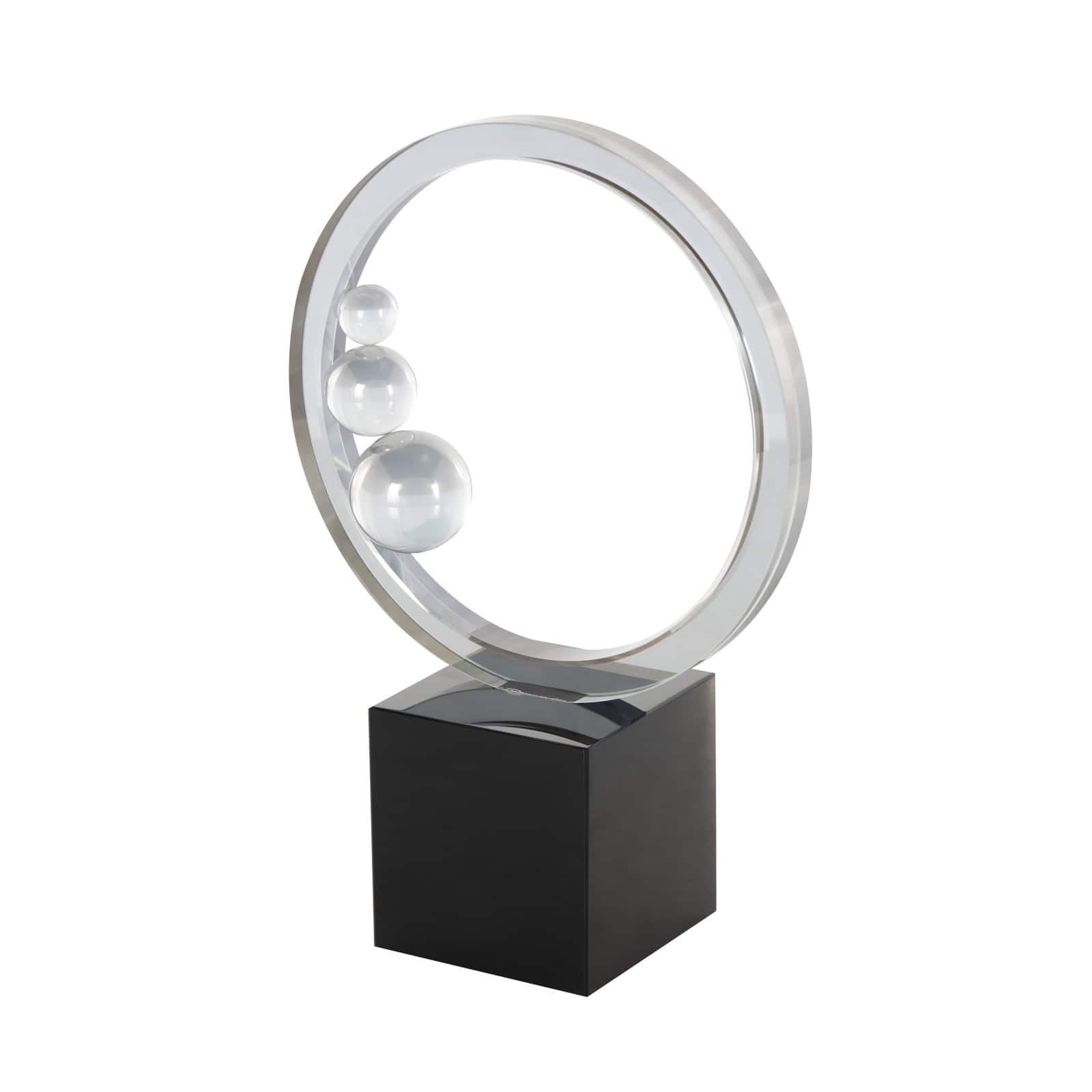 10.25" Clear Glass Ring Decorative Sculpture with Clear Orbs & Black Square Base