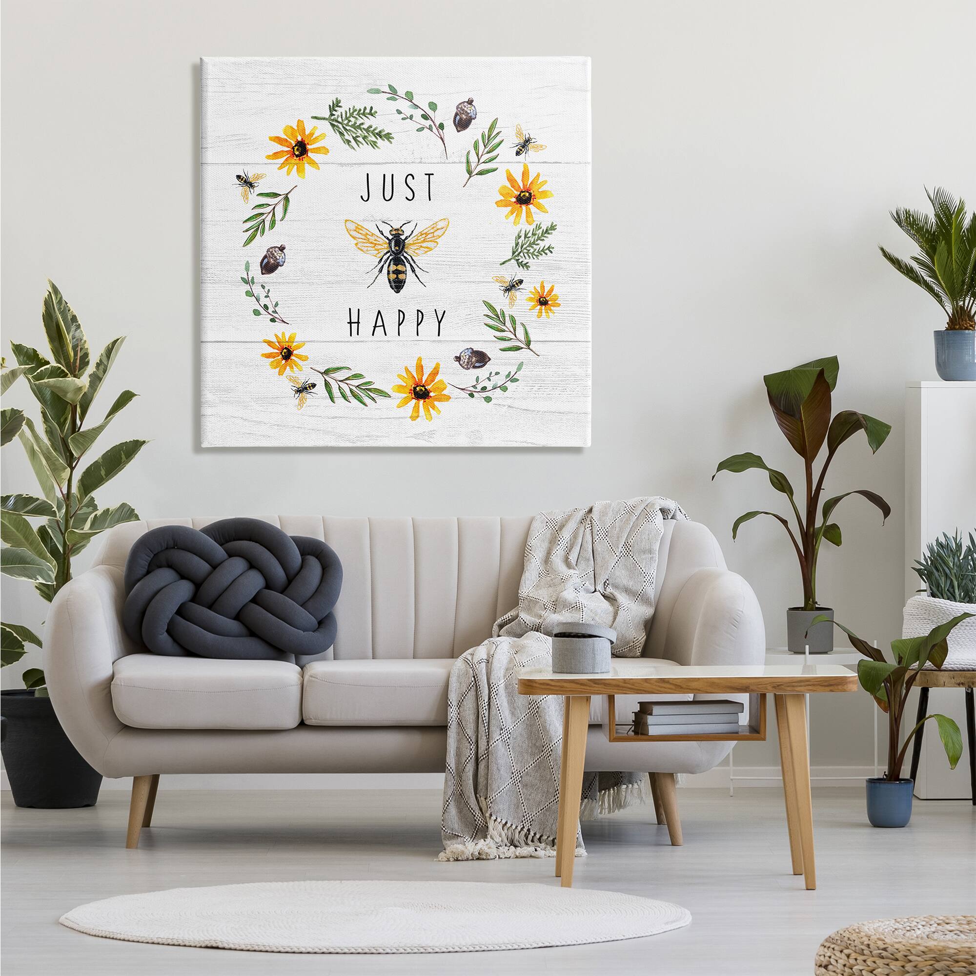 Stupell Industries Just Bee Happy Pun Phrase Yellow Daisy Wreath Canvas Wall Art