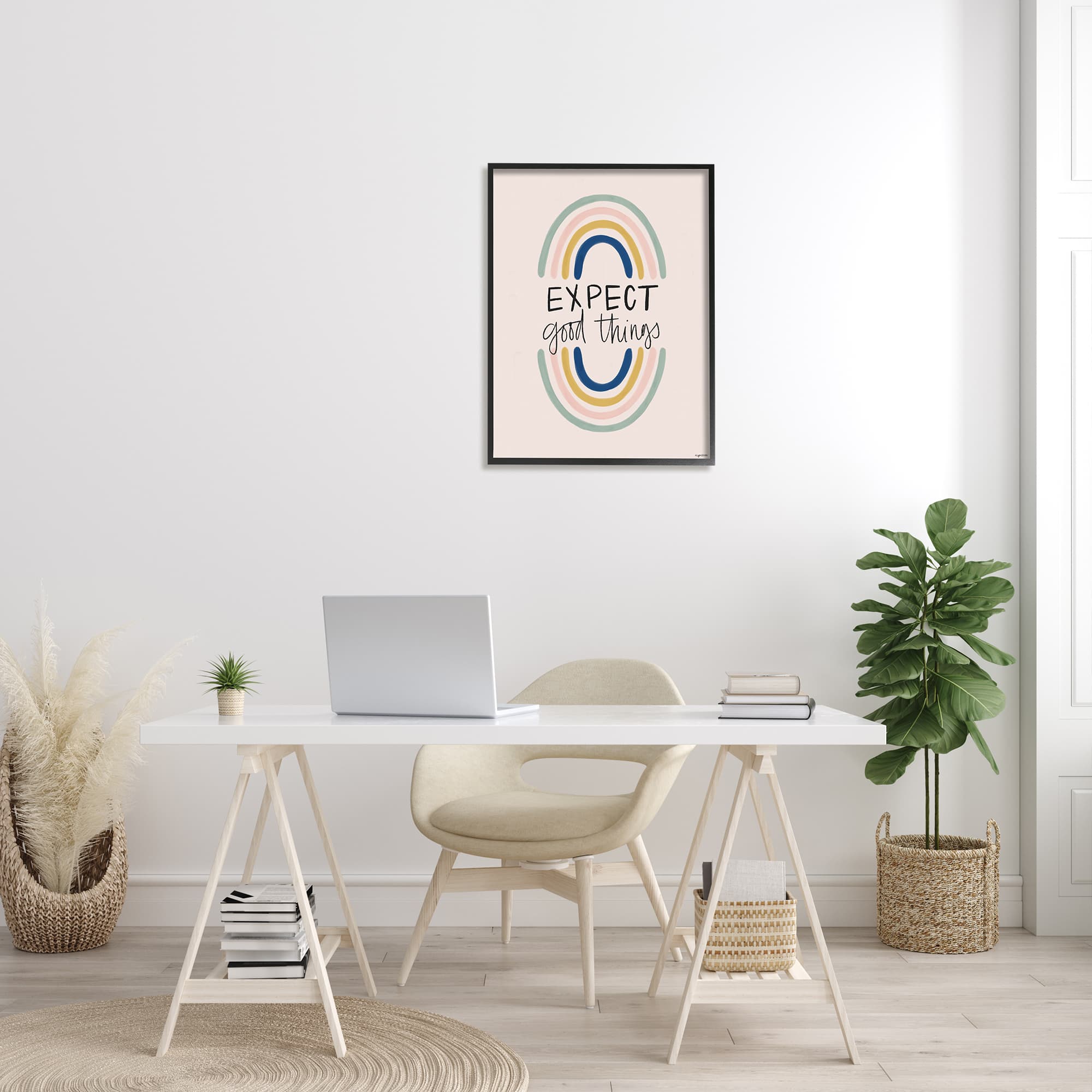 Stupell Industries Expect Good Things Phrase Double Rainbow Reflection in Black Frame Wall Art