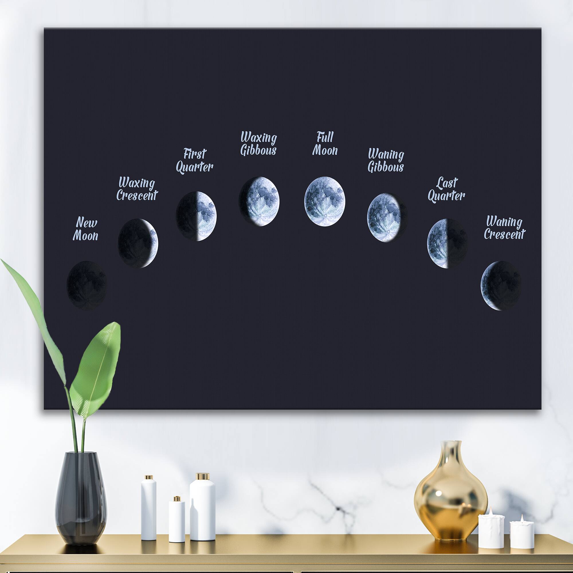 Designart - Moon Phases In Space - Bohemian & Eclectic Canvas Wall Art Print