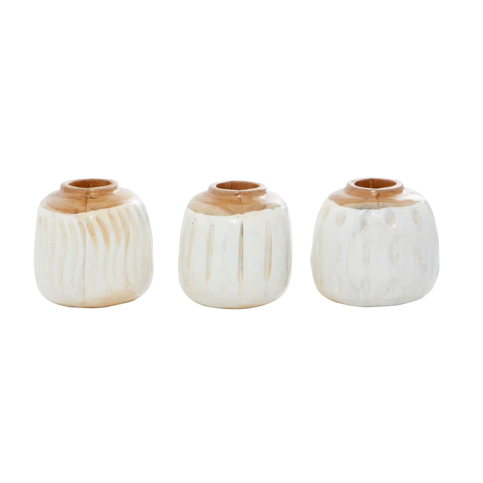 Set of 3 White Teak Wood Coastal Style Vase 6", 7"
